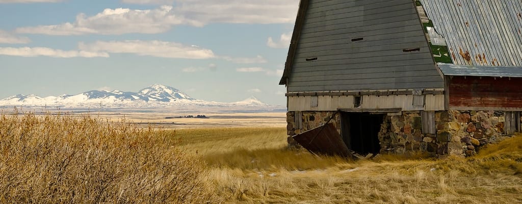 Find the barn in the field.