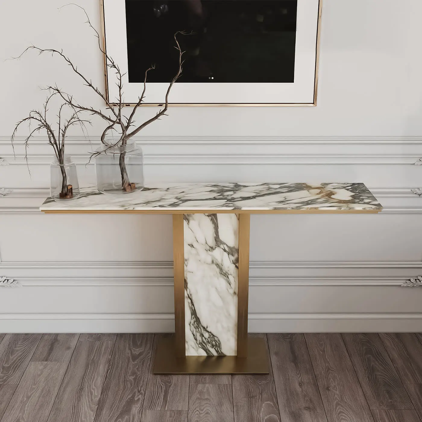 Afon White Marble Top With Bronze Finish Metal Structure Console