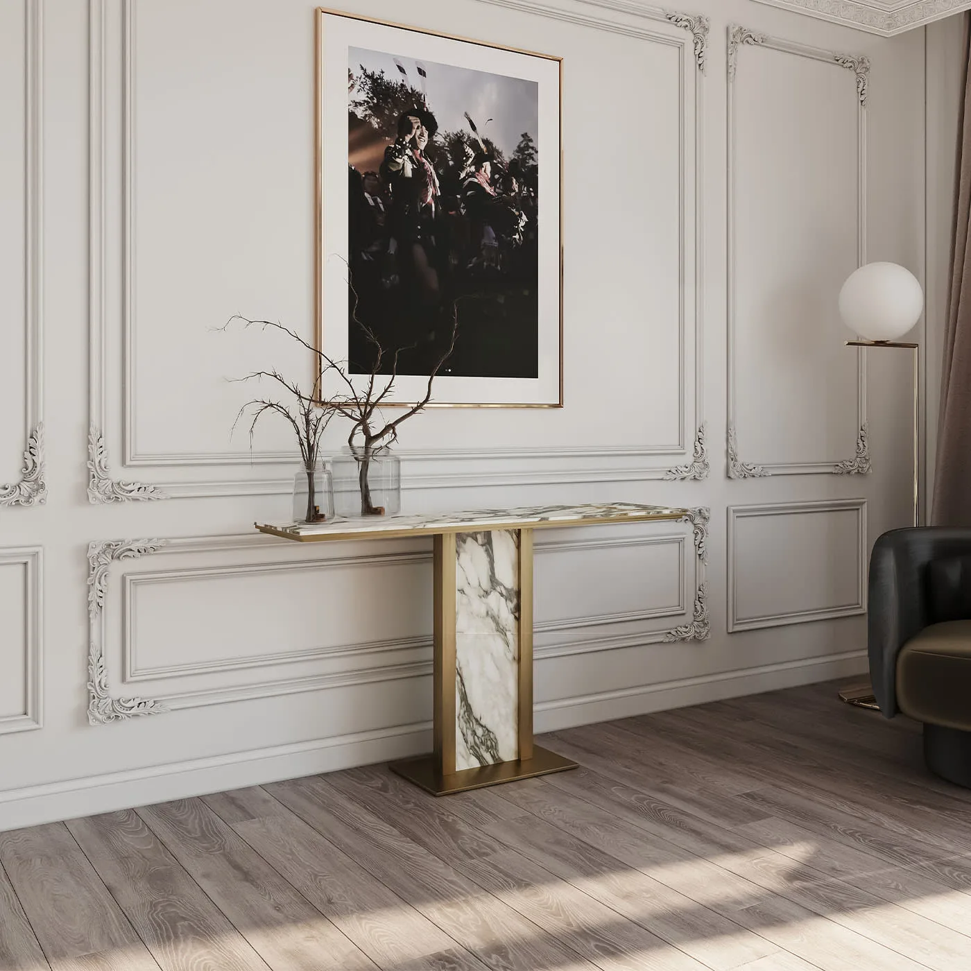 Afon White Marble Top With Bronze Finish Metal Structure Console