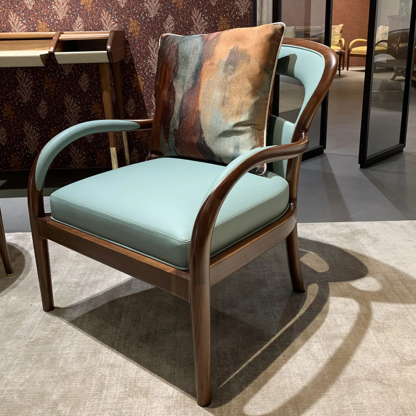 Agrifoglio Green Leather Dark Walnut Armchair With Brass Tips