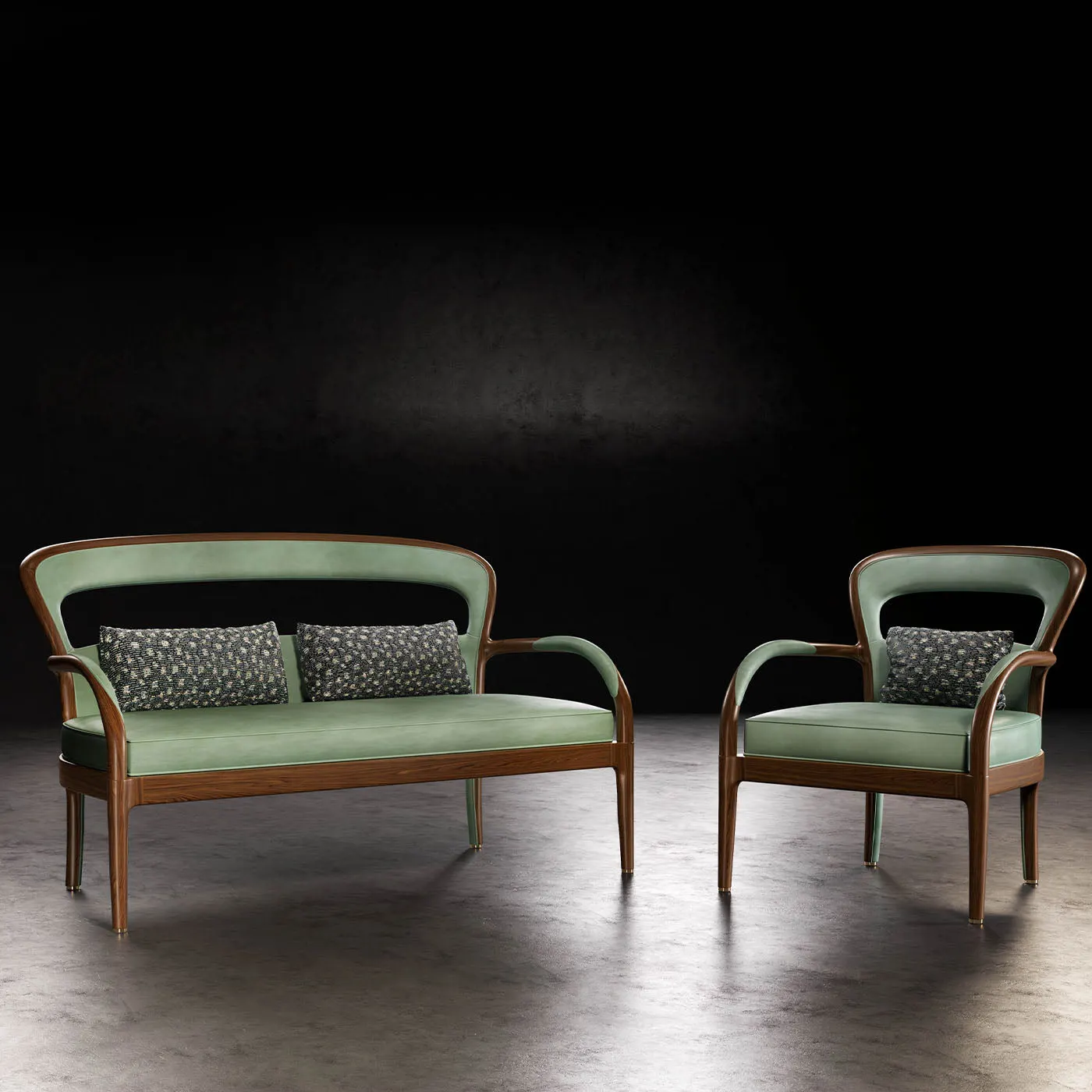 Agrifoglio Green Leather Dark Walnut Armchair With Brass Tips