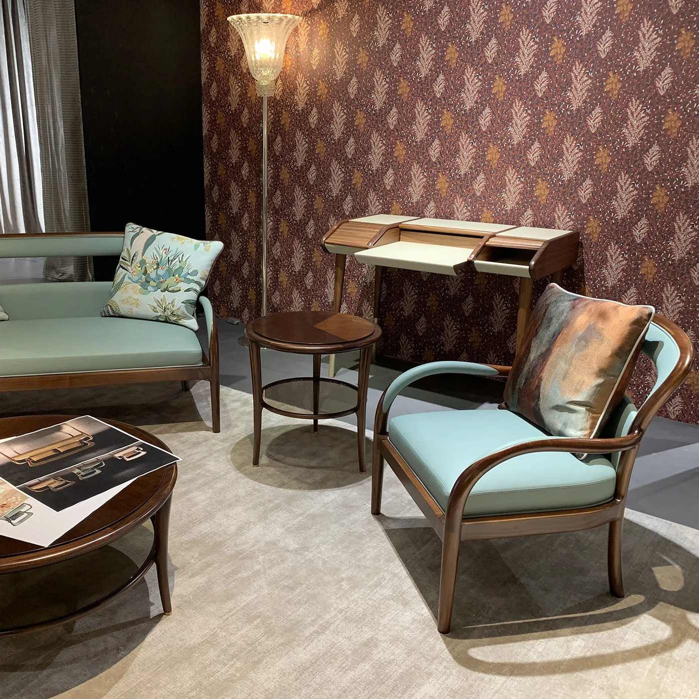 Agrifoglio Green Leather Dark Walnut Armchair With Brass Tips