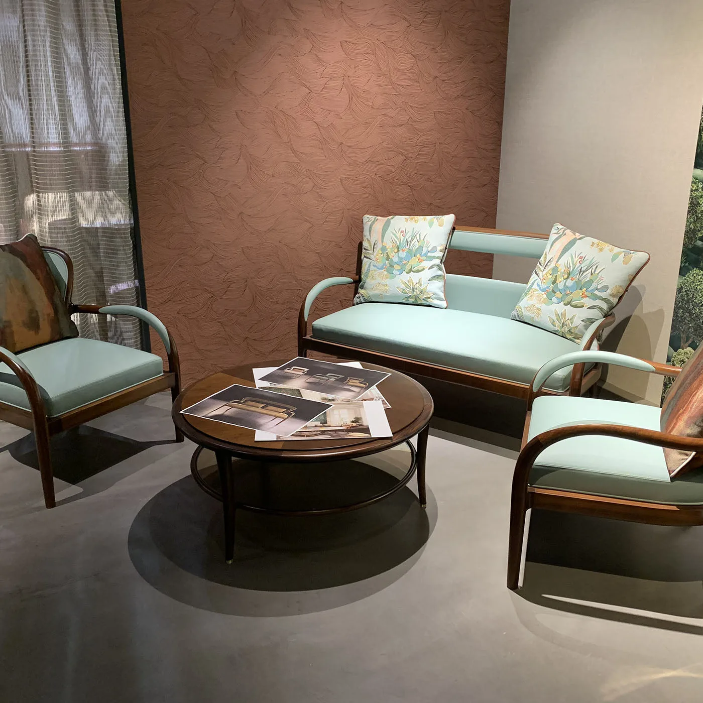 Agrifoglio Green Leather & Dark Walnut Loveseat With Brass Tips