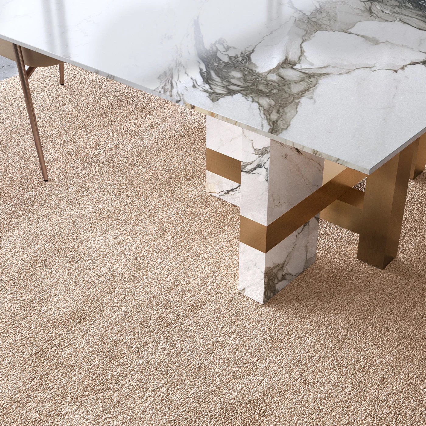 Asymmetrical Dining Table in Carrara Marble & Brass Bars