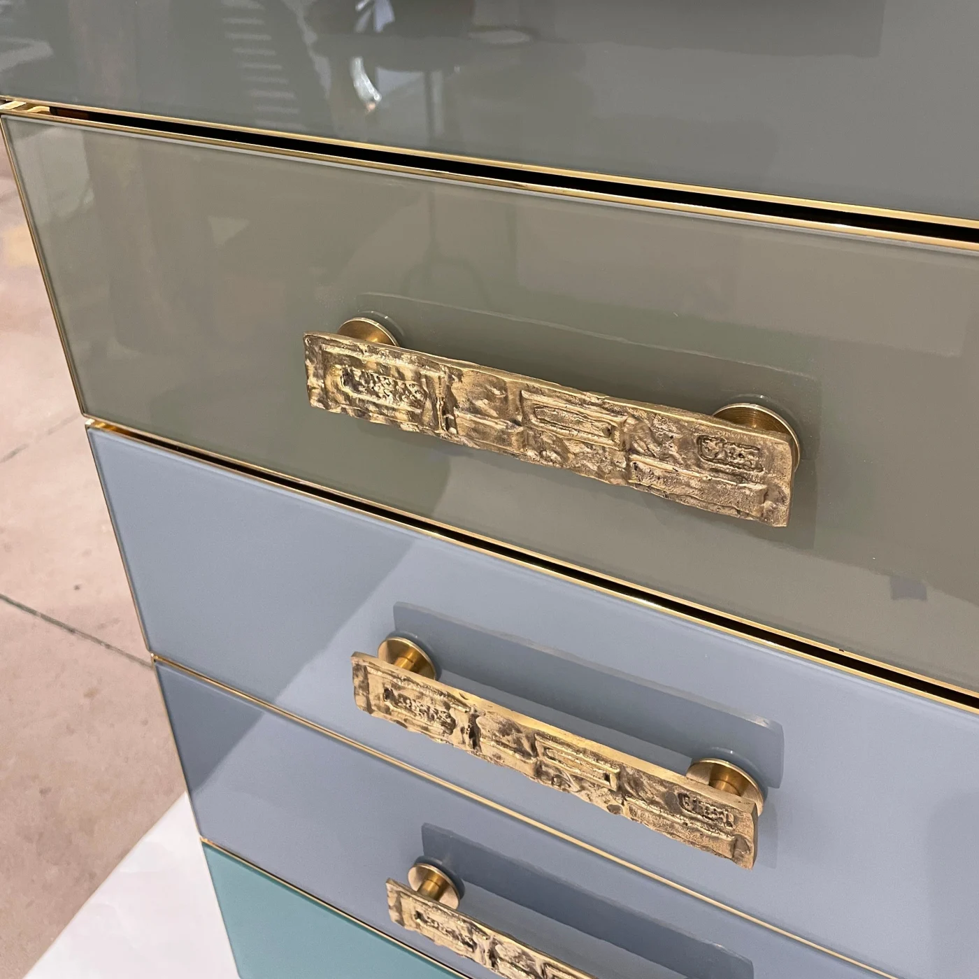 Blue Taupe Grey Glass 7 Drawer Chest Semainier