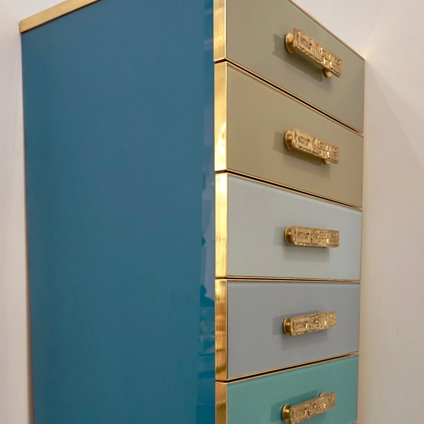 Blue Taupe Grey Glass 7 Drawer Chest Semainier