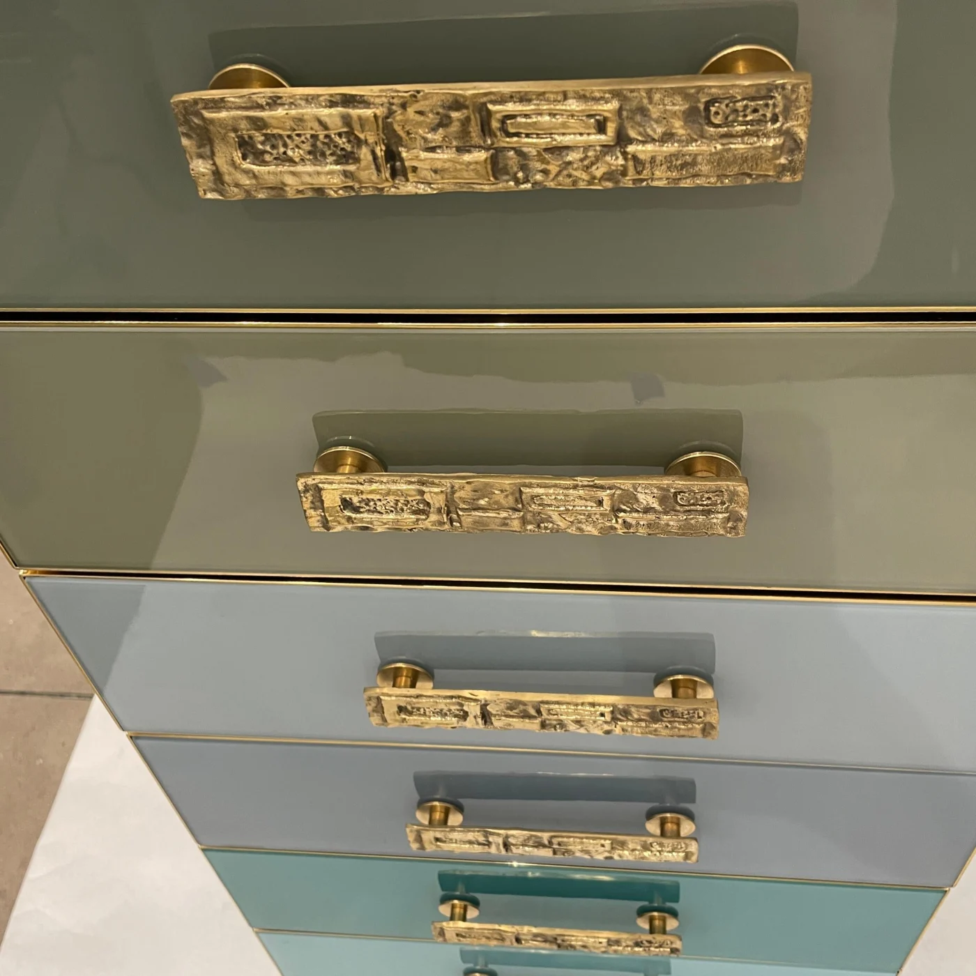 Blue Taupe Grey Glass 7 Drawer Chest Semainier