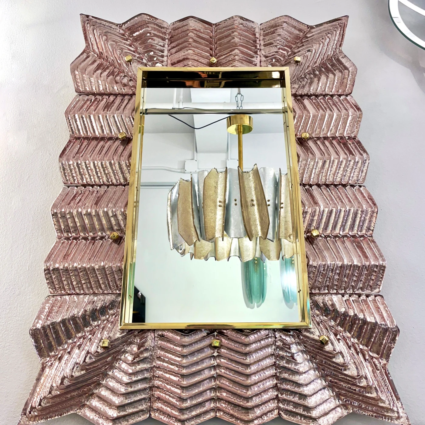 Art Deco Design Small Ruffled Pink Murano Glass Brass Mirror
