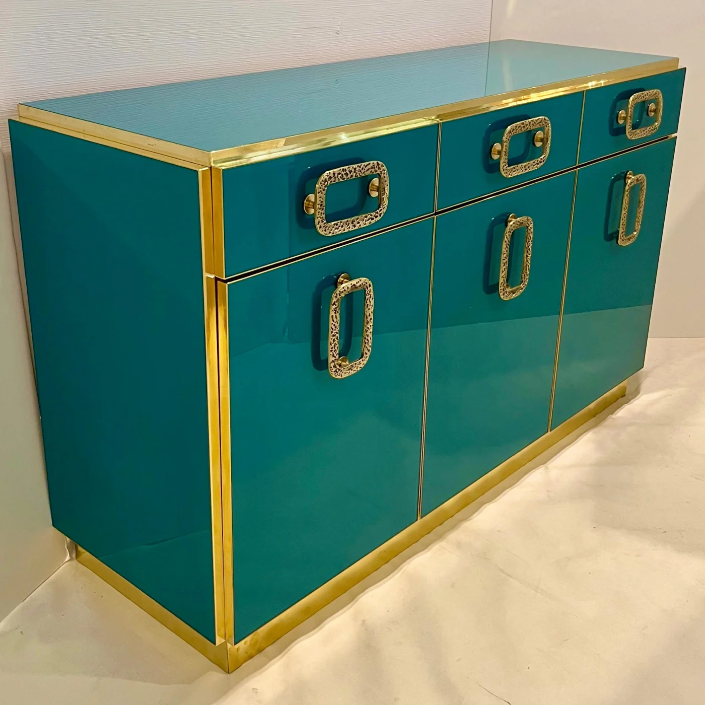 Brass Metallic Emerald Blue Glass Sideboard