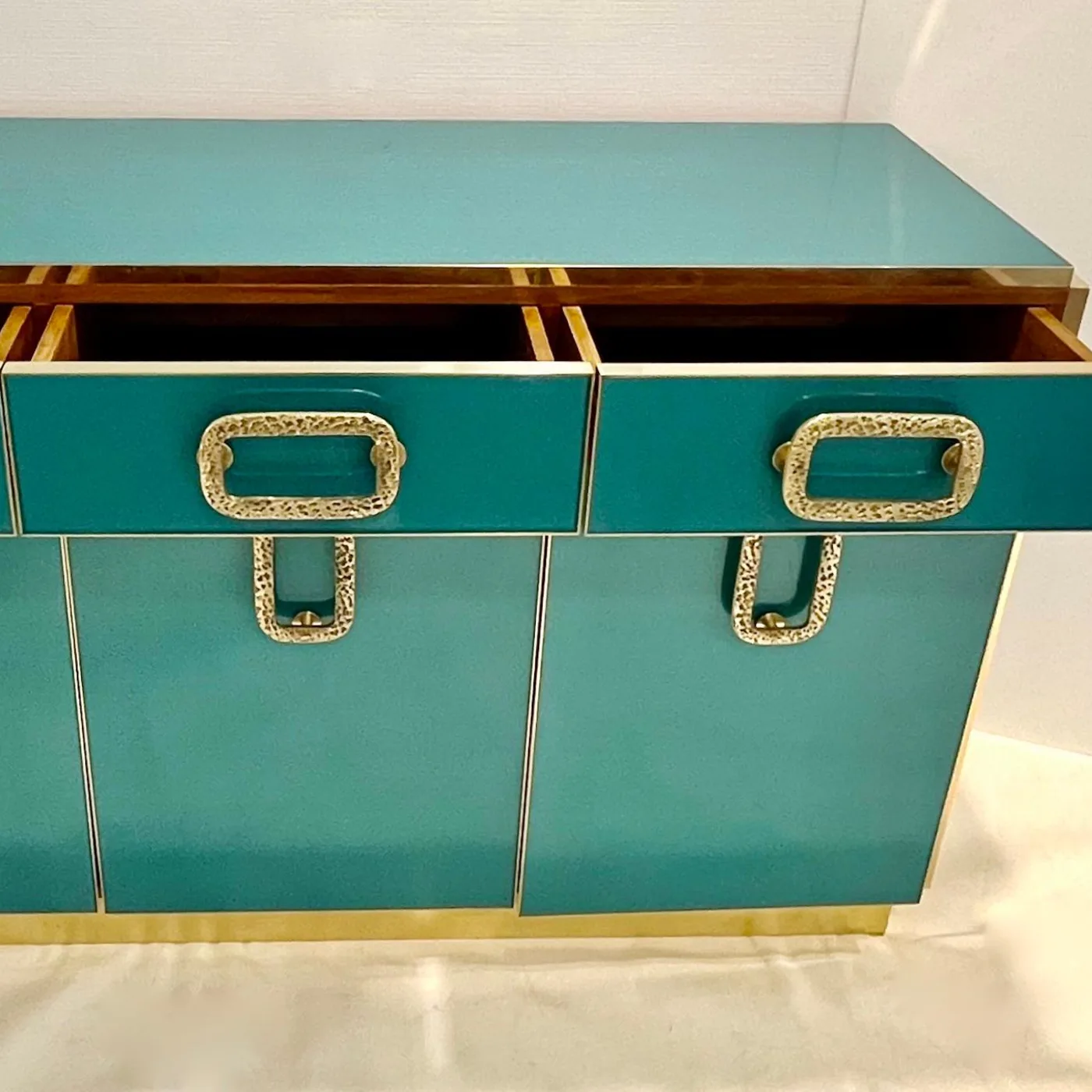 Brass Metallic Emerald Blue Glass Sideboard