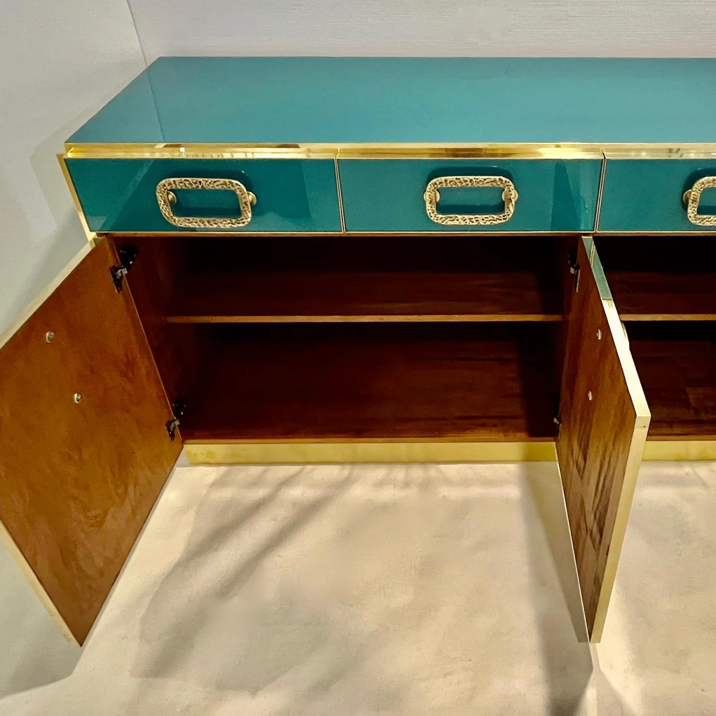 Brass Metallic Emerald Blue Glass Sideboard
