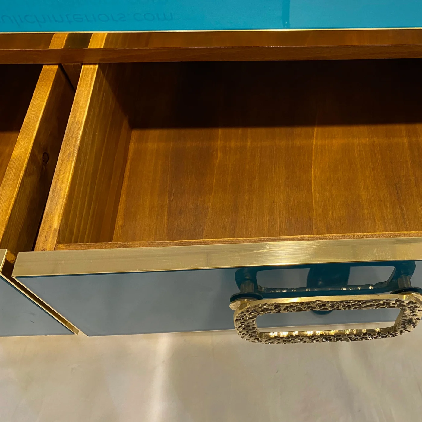 Brass Metallic Emerald Blue Glass Sideboard