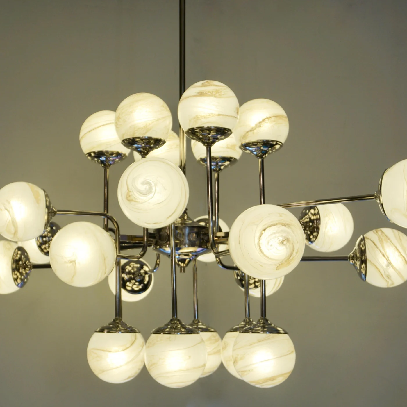 Bespoke Italian Modern 24 Light Alabaster Murano Glass Custom Nickel Chandelier