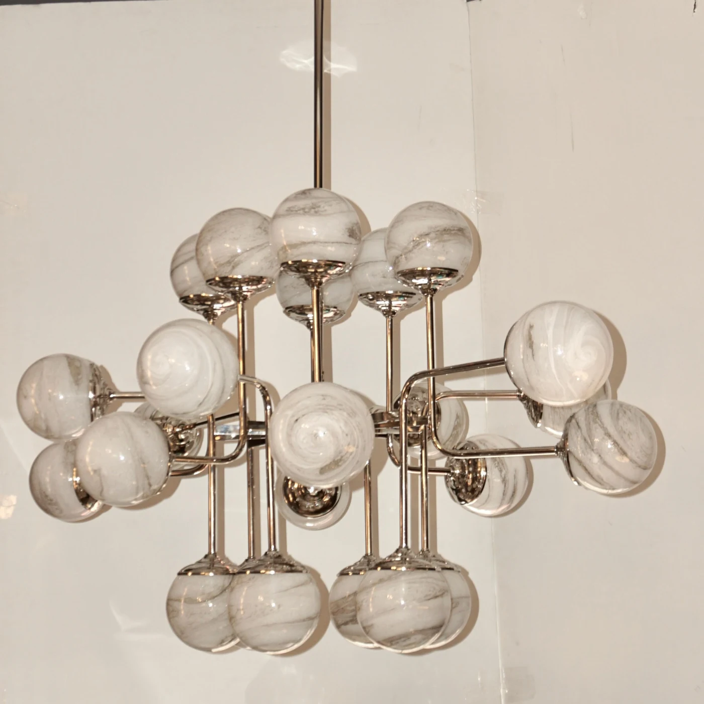 Bespoke Italian Modern 24 Light Alabaster Murano Glass Custom Nickel Chandelier