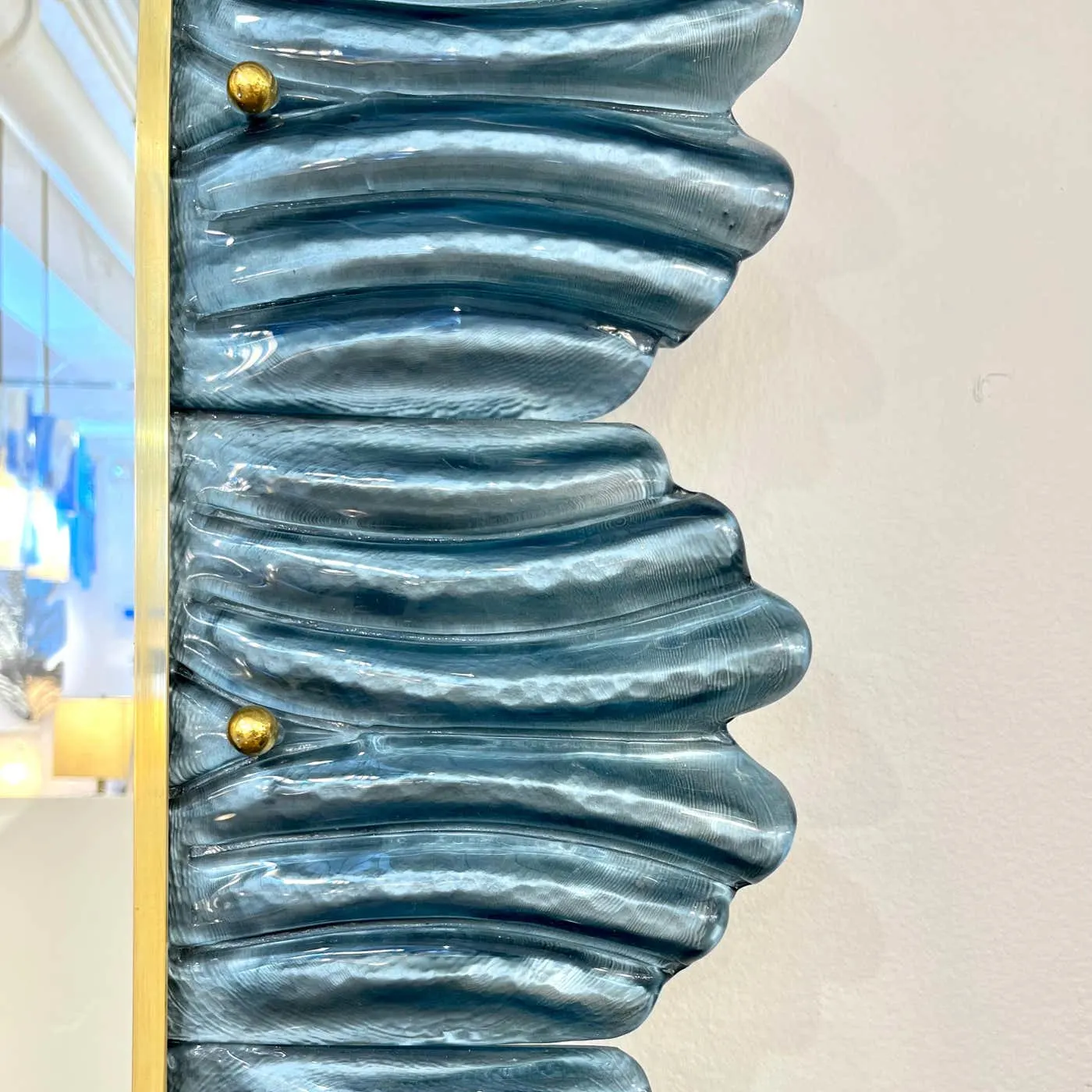 Leaf Design Avio Silver & Blue Murano Glass Brass Mirror