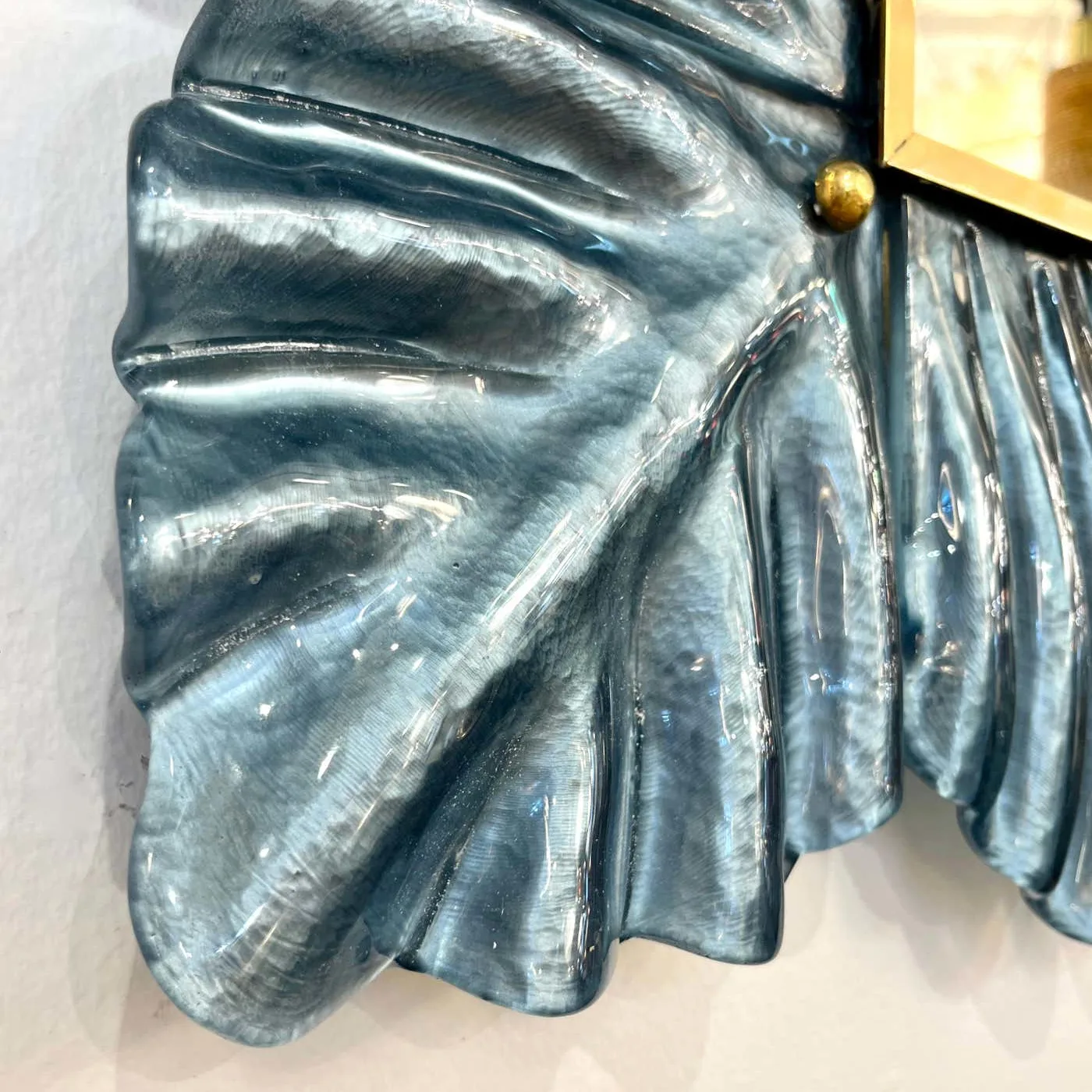 Leaf Design Avio Silver & Blue Murano Glass Brass Mirror