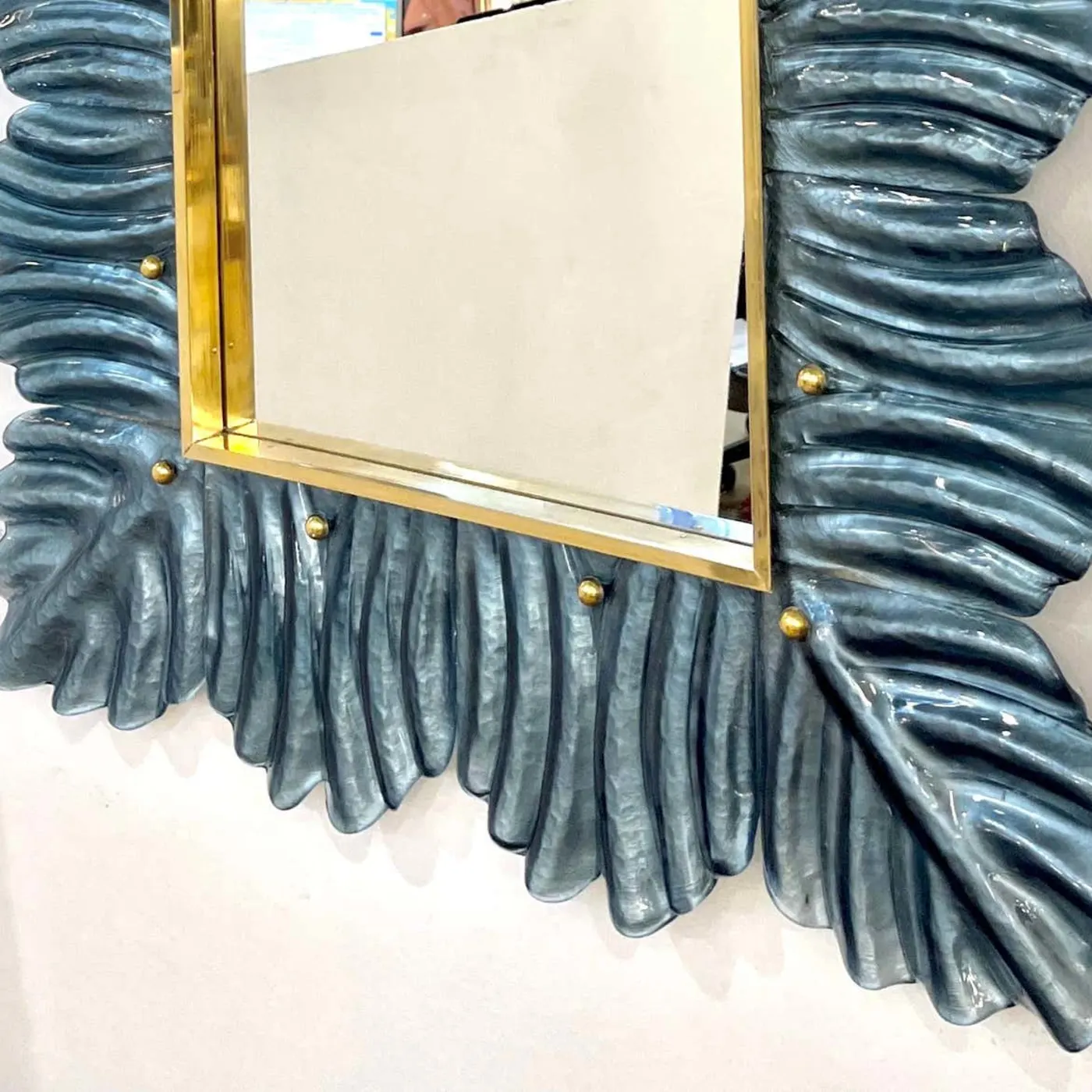 Leaf Design Avio Silver & Blue Murano Glass Brass Mirror