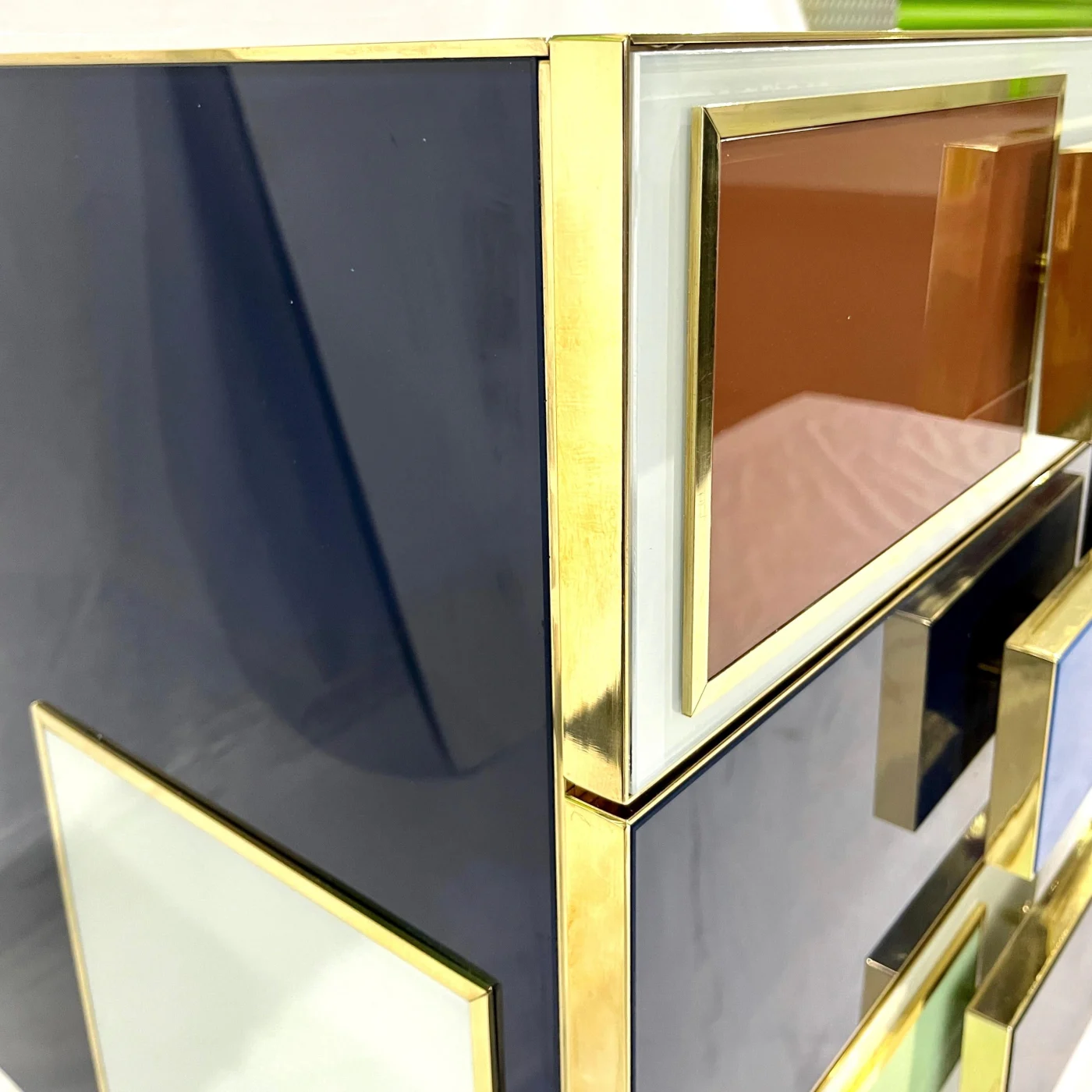 Mondrian Style Blue Green White Brown & Brass Dresser