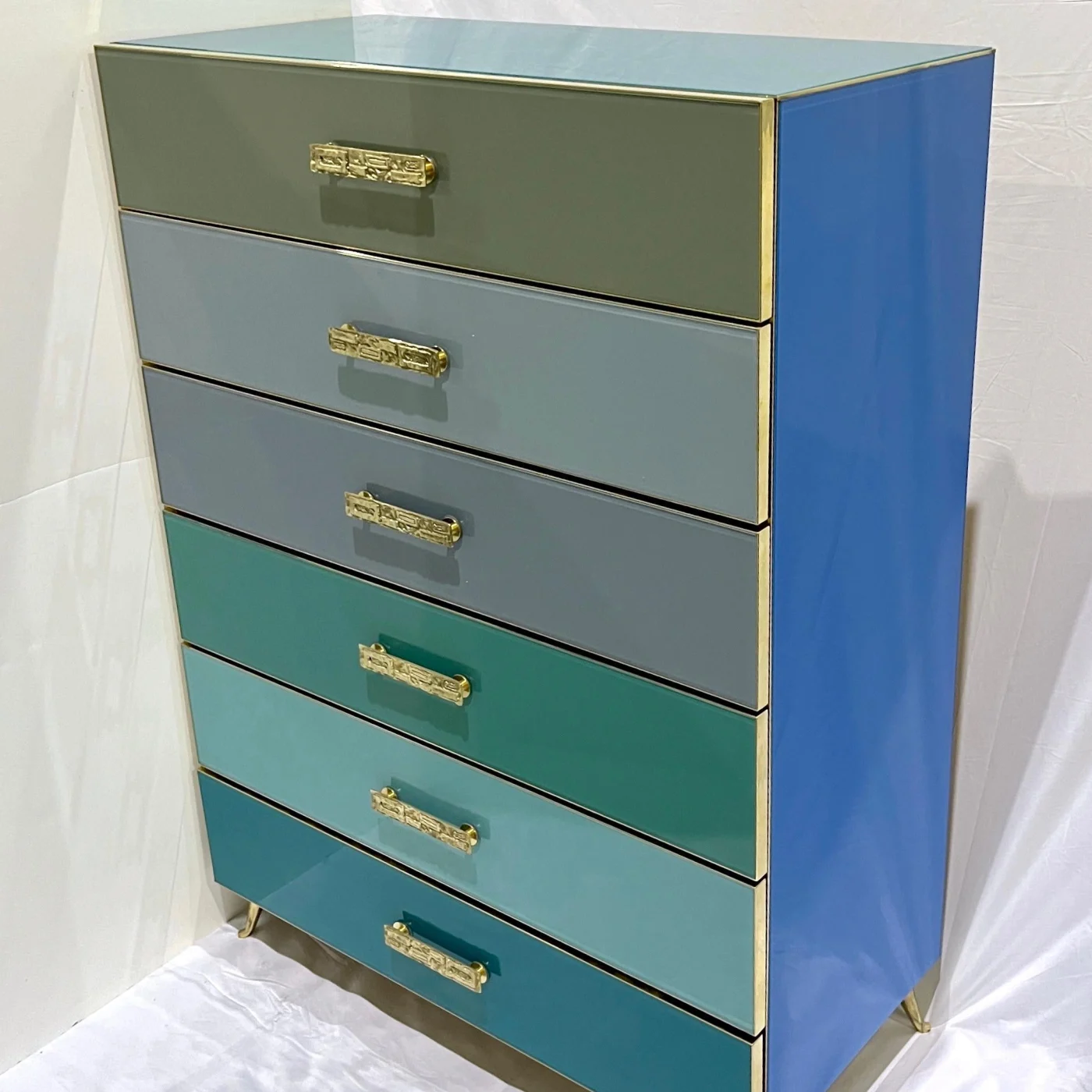 Blue Turquoise Grey Glass 6 Drawer Semainier Chest
