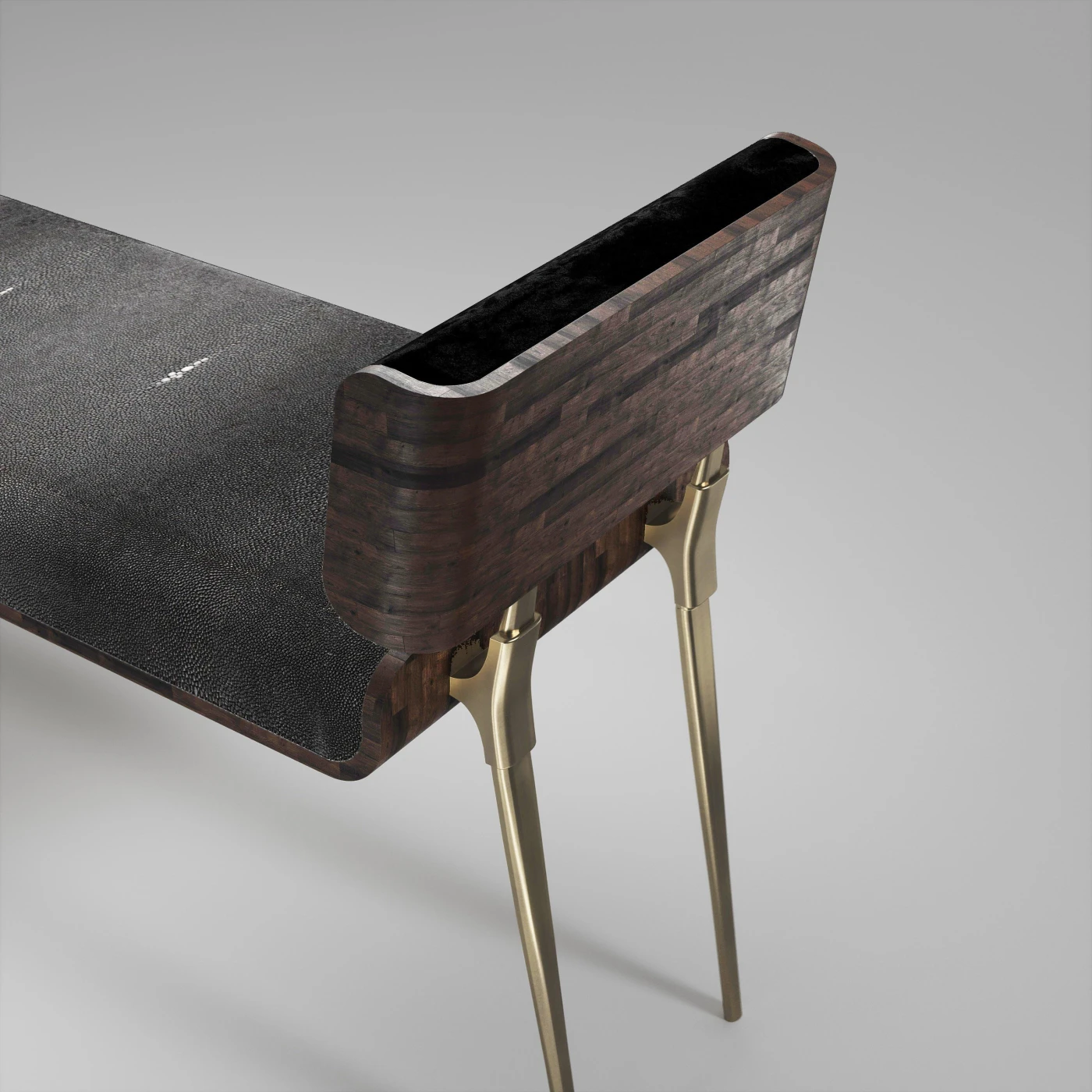 Black Shagreen Bench with Palmwood & Bronze Patina Brass Details
