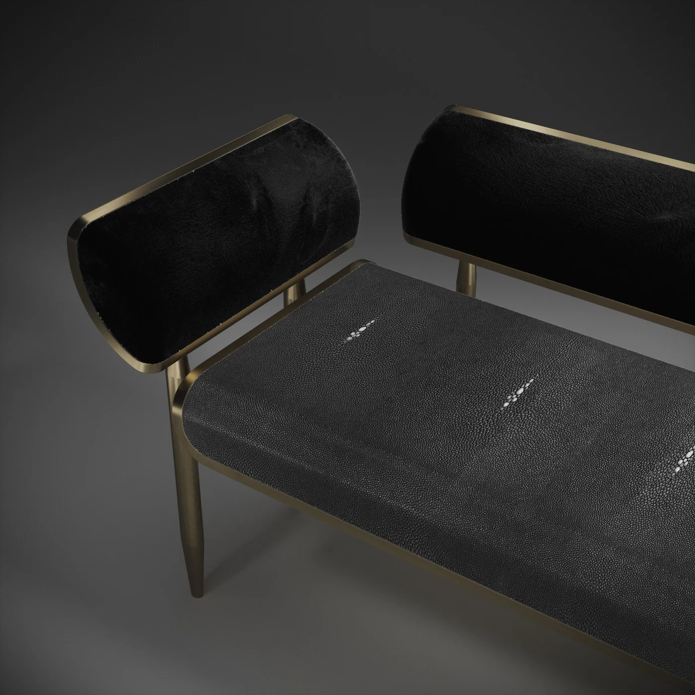 Black Shagreen Daybed with Bronze-Patina Brass & Fur Upholstery