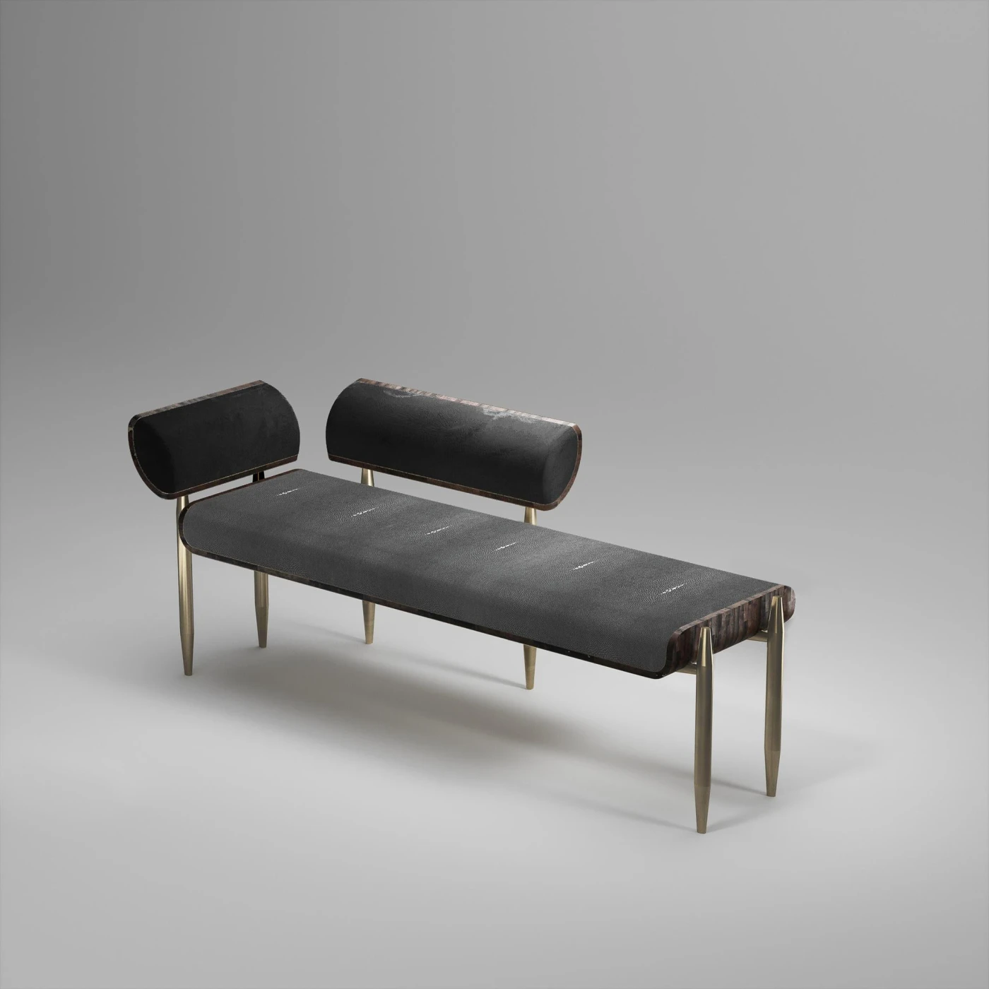 Black Shagreen Daybed with Bronze-Patina Brass & Fur Upholstery