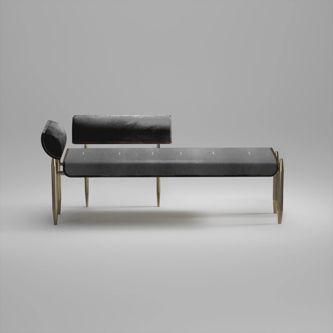 Black Shagreen Daybed with Bronze-Patina Brass & Fur Upholstery