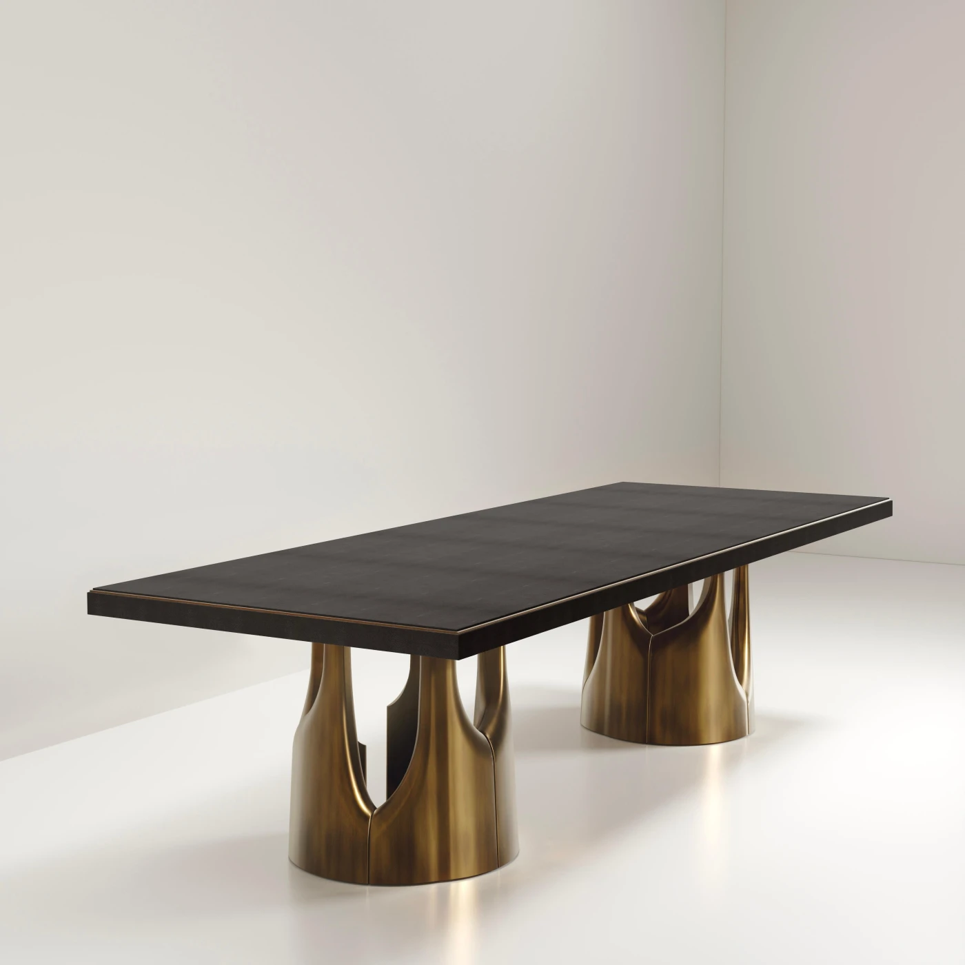 Black Shagreen Dining Table with Bronze Patina Brass Accents