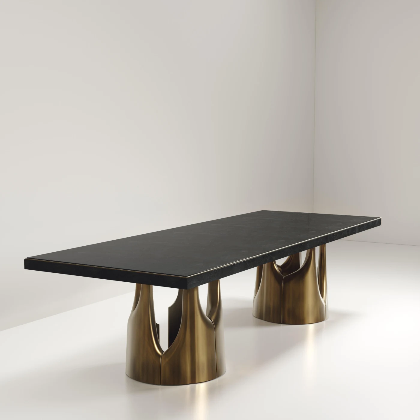Black Shagreen Dining Table with Bronze Patina Brass Accents
