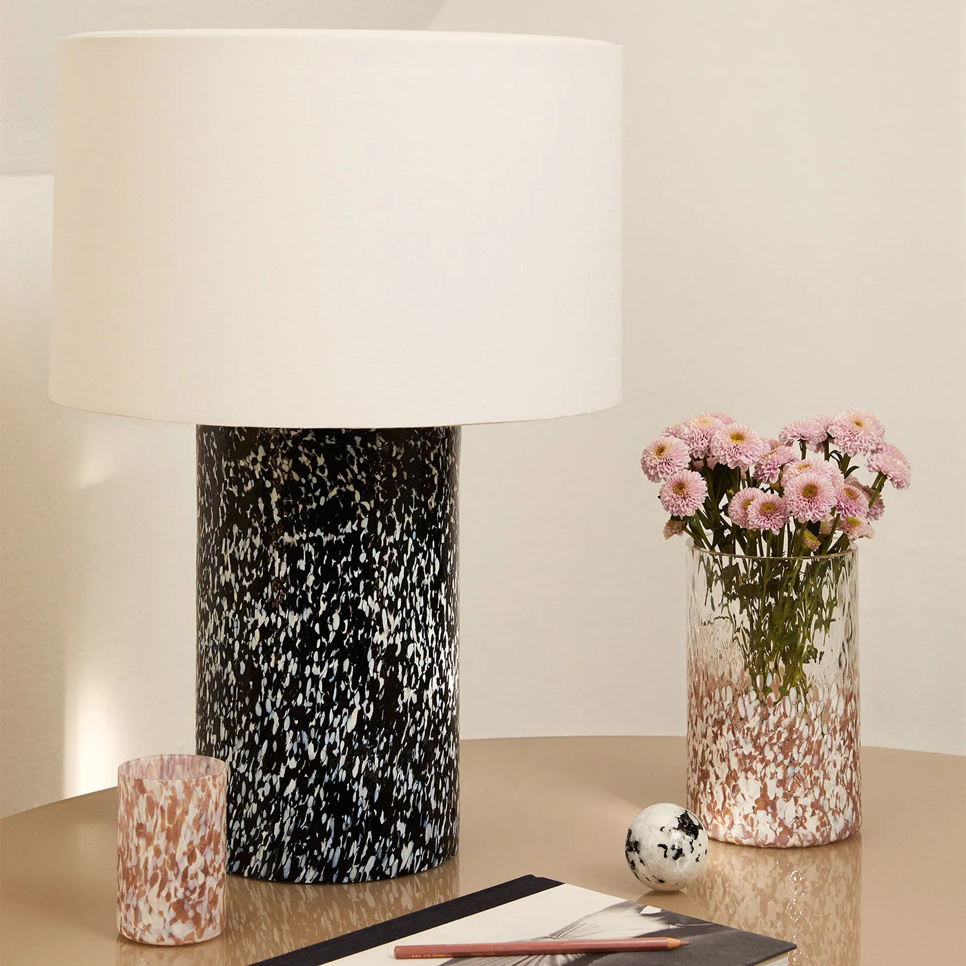Black & White Murano Glass Pillar Lamp with Linen Lampshade