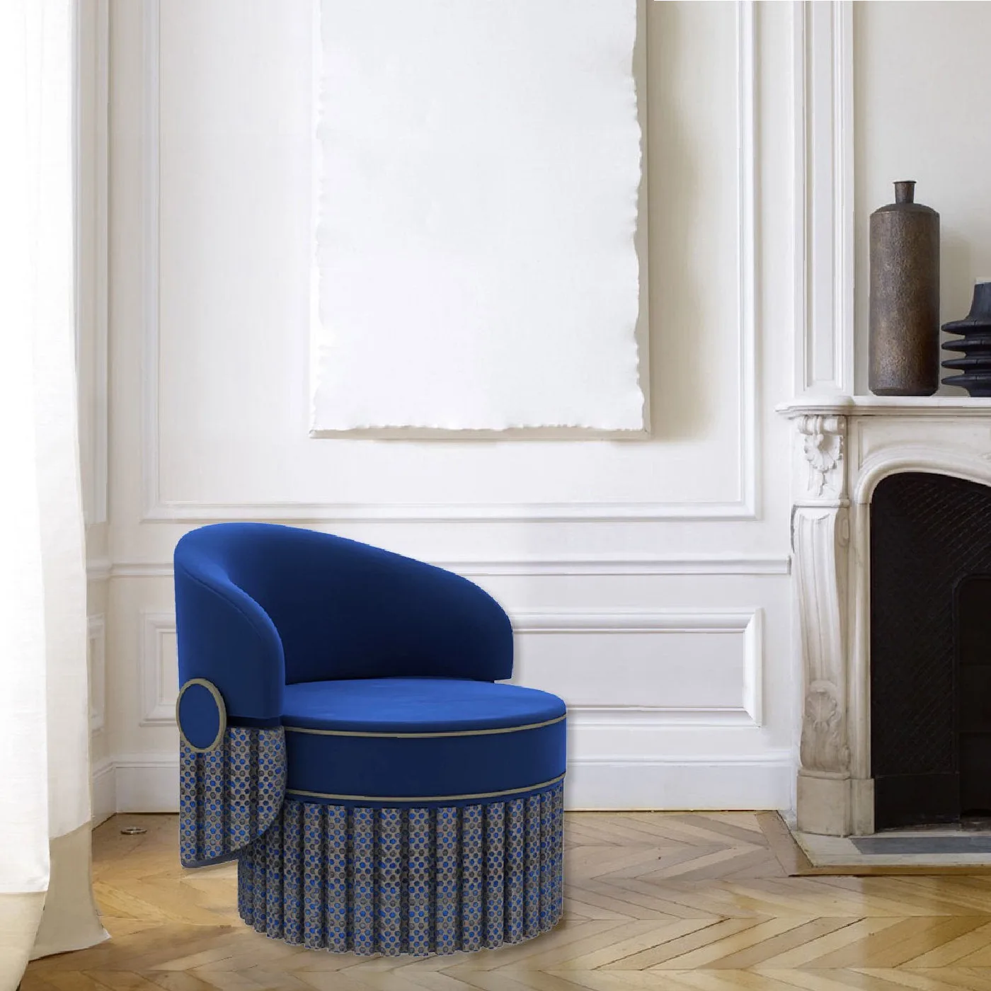 Blue Velvet & Leather Accent Armchair