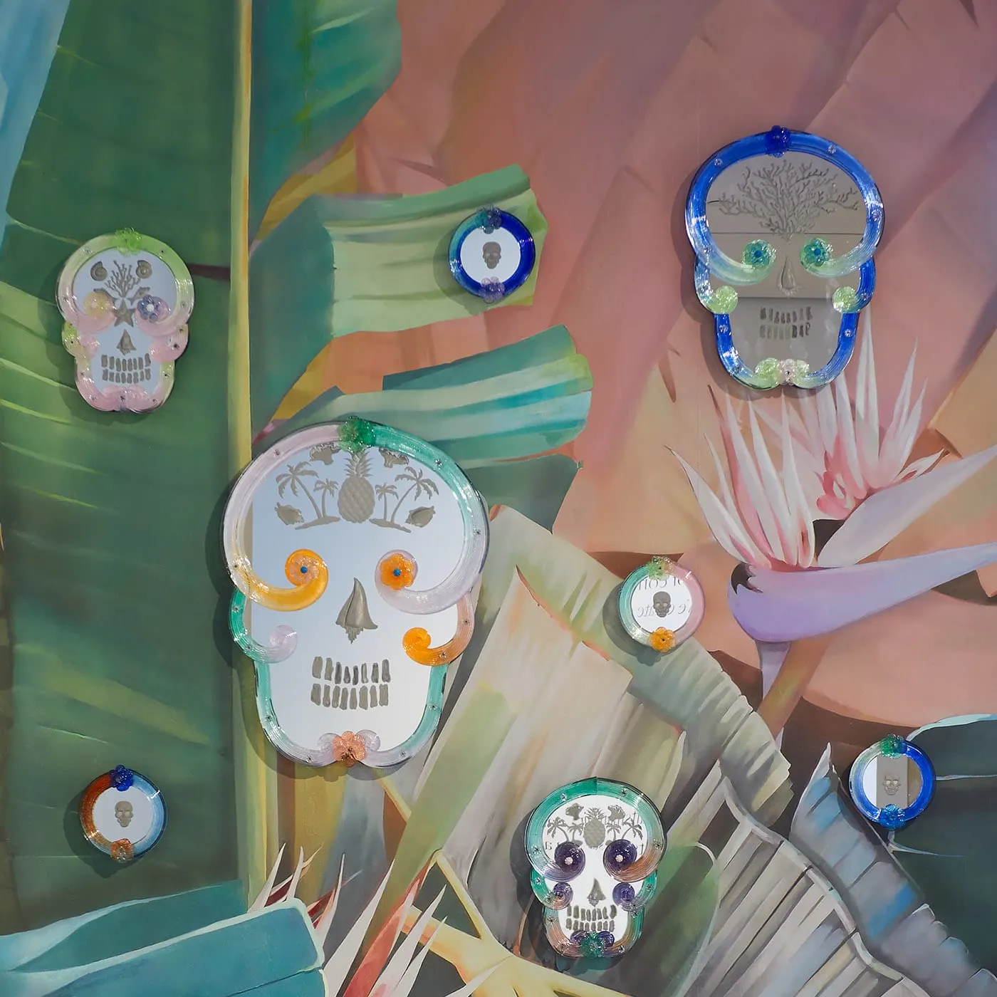 Blue And Yellow Round Skull Mirror By Bradley Theodore