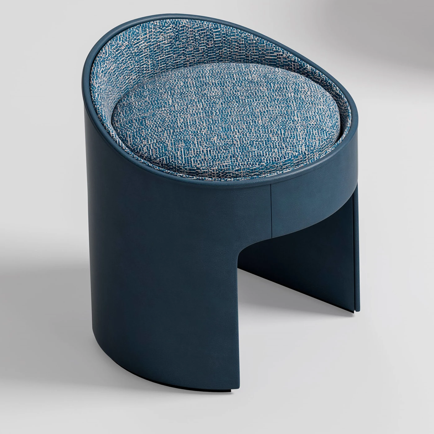 Blue Leather And Fabric Vanity Pouf