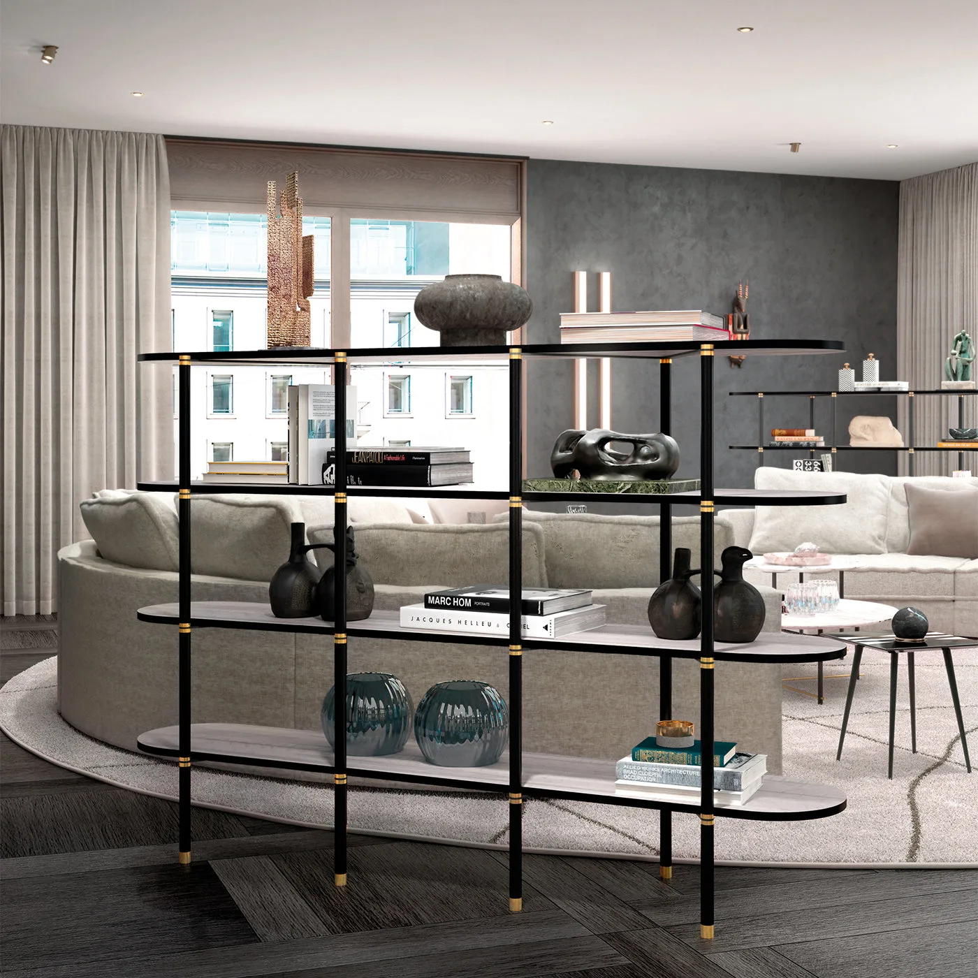 Boomerang Black Metal & Brass Bookcase by Pietro Russo Design