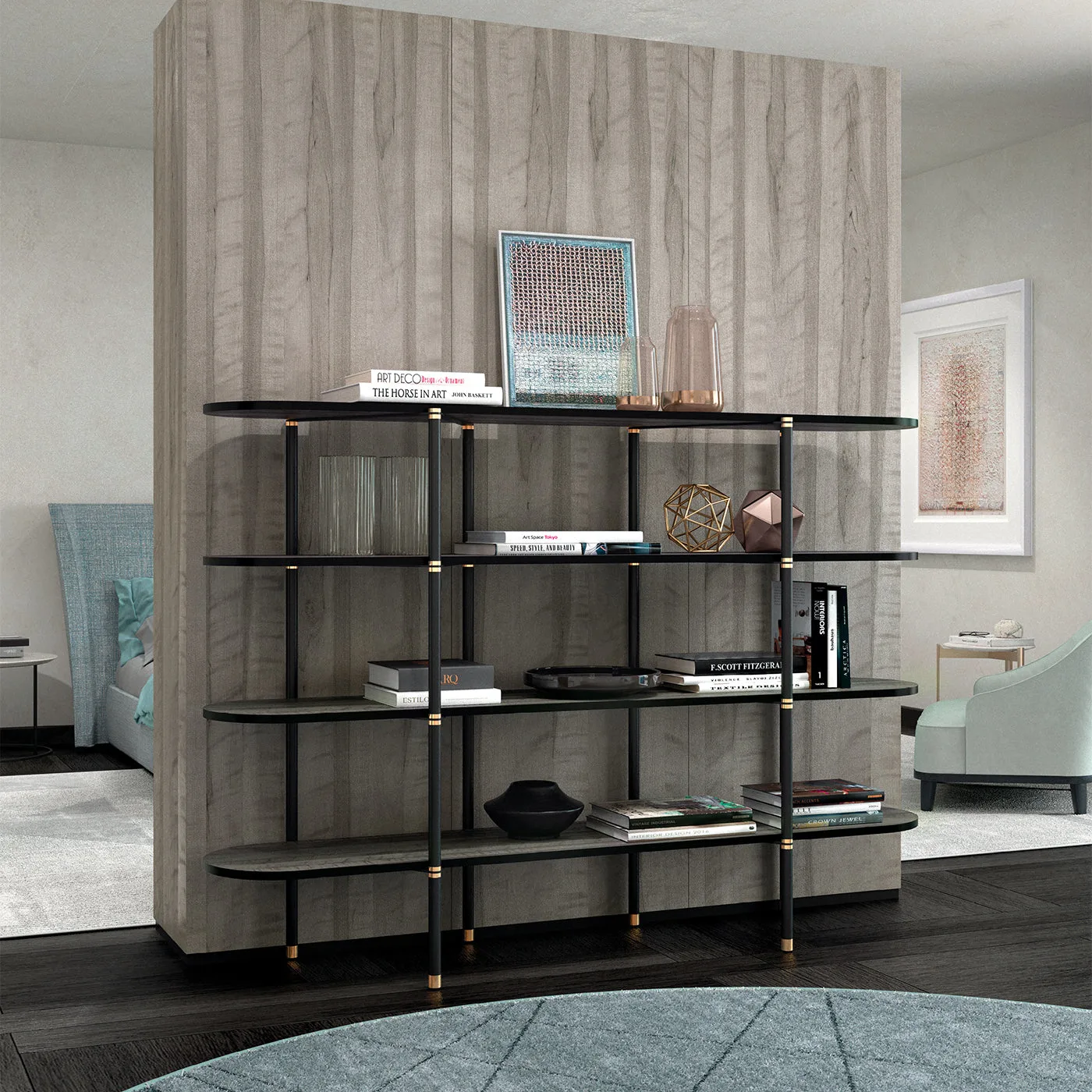 Boomerang Black Metal & Brass Bookcase by Pietro Russo Design