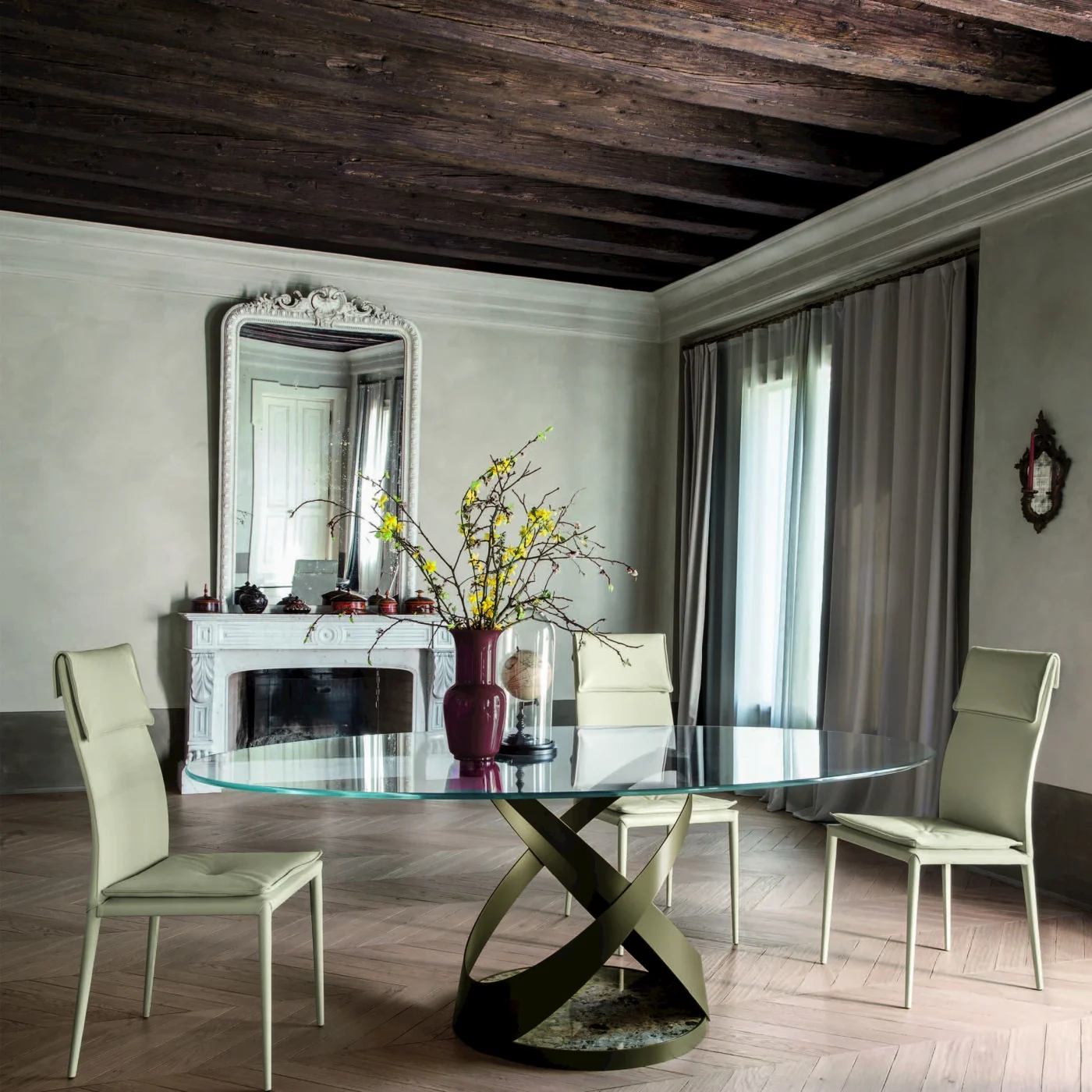 Capri Oval Glass Dining Table With Marble & Metal Base