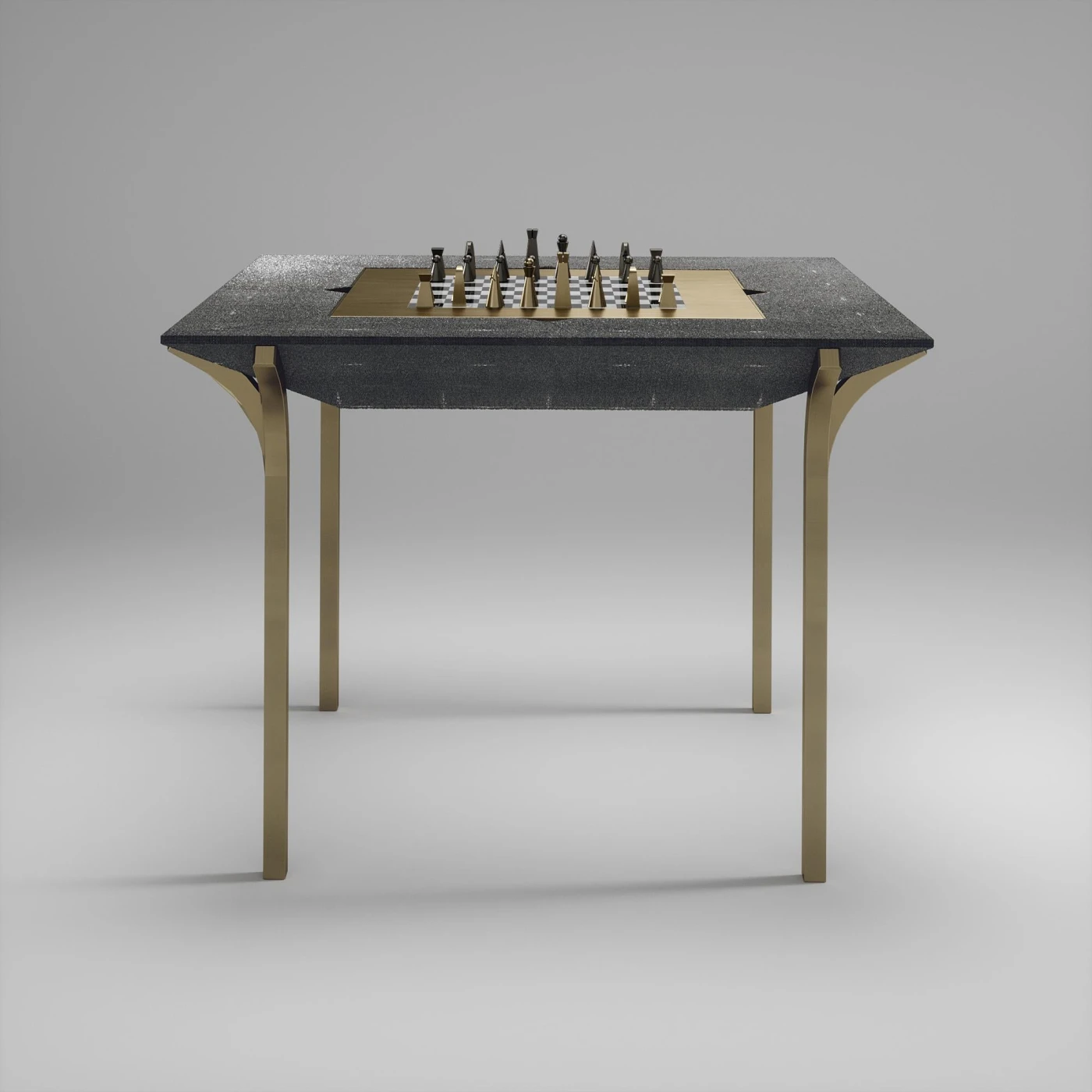 Coal Black Shagreen Game Table With Bronze-Patina Brass Accents