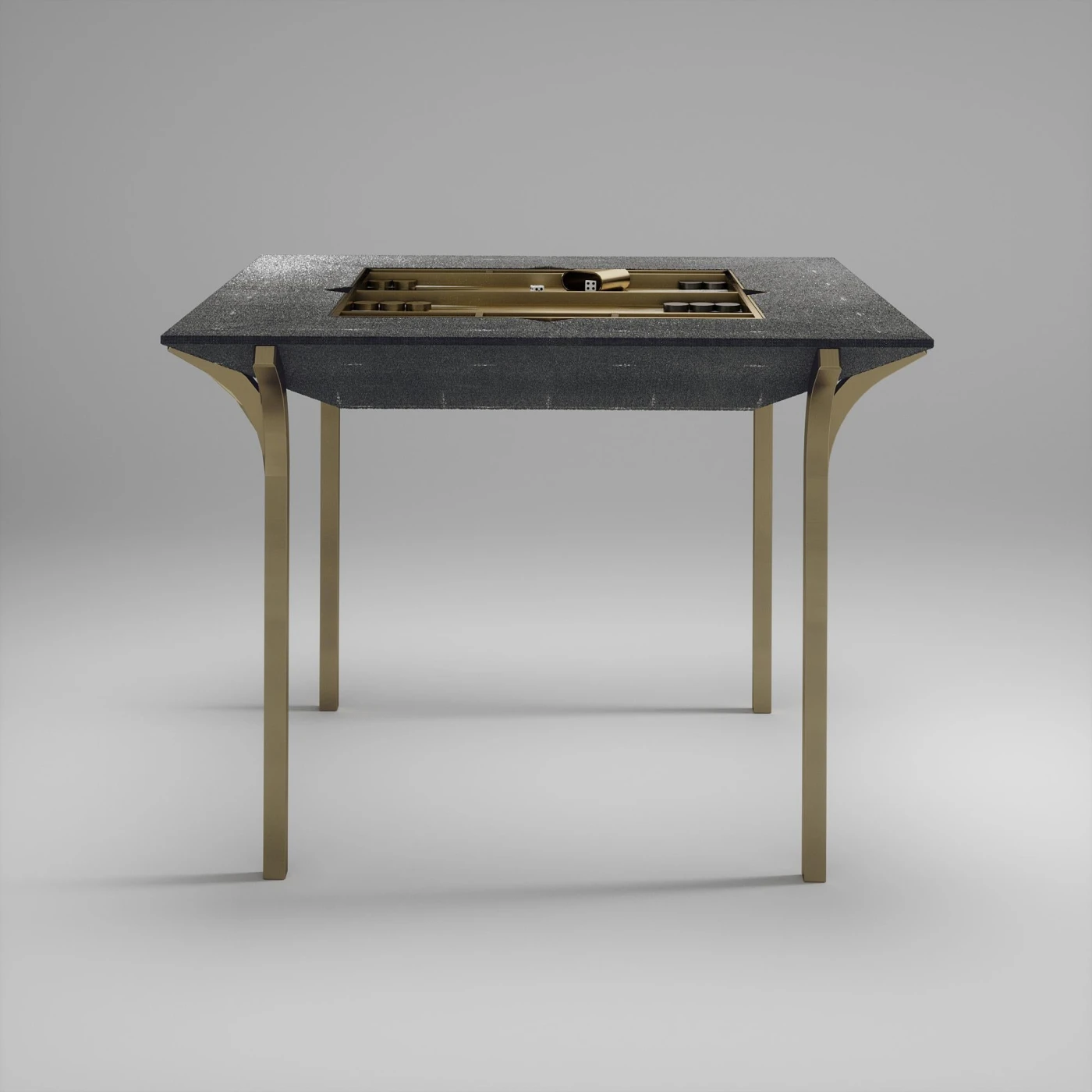 Coal Black Shagreen Game Table With Bronze-Patina Brass Accents