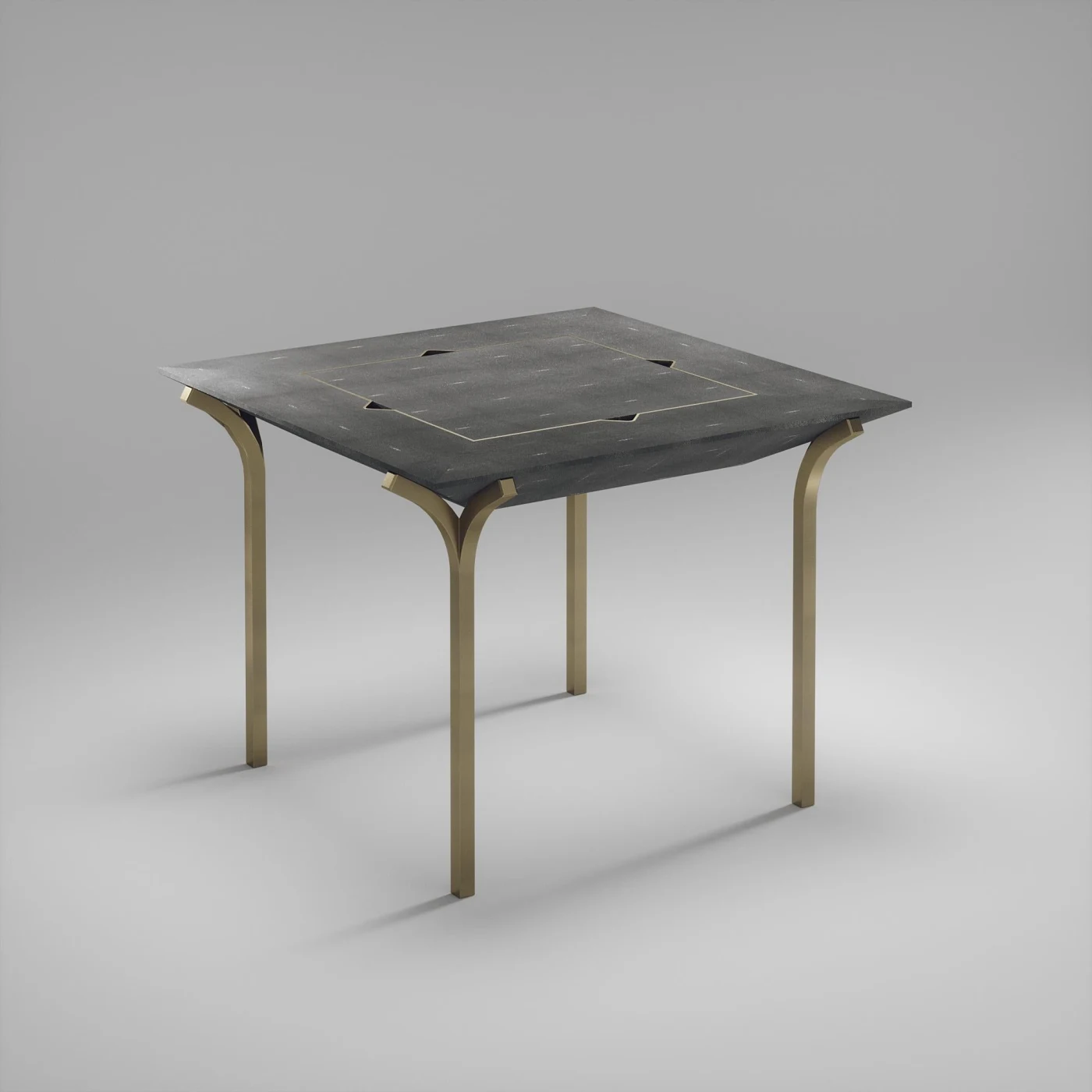 Coal Black Shagreen Game Table With Bronze-Patina Brass Accents