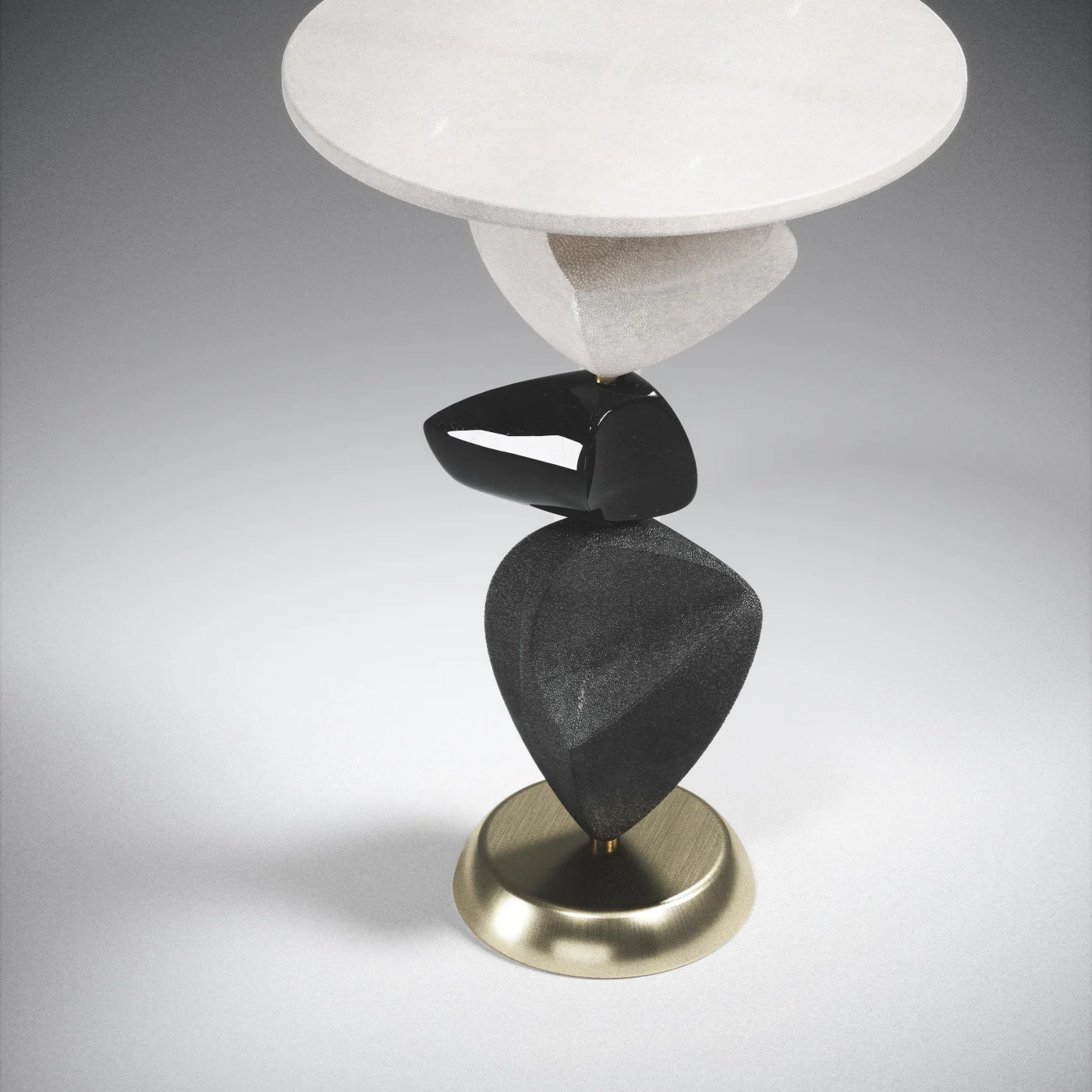 Coal Black Shagreen Side Table With Sculptural & Brass Accents
