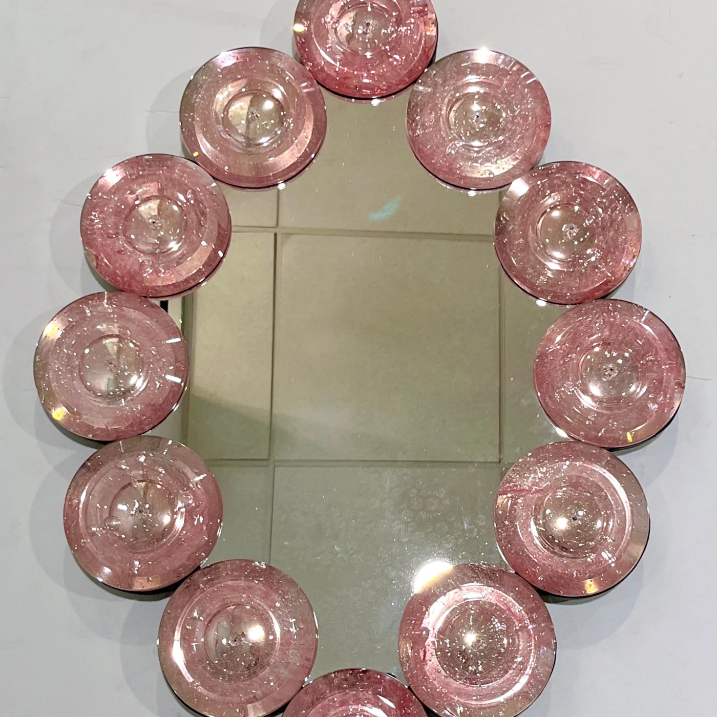 Custom Blush Pink Murano Glass Disc Modern Oval Mirror