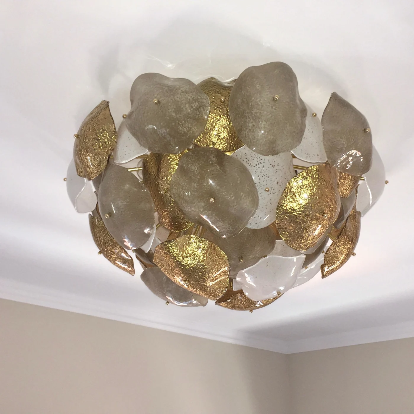 Contemporary Gold Silver White Scavo Murano Glass Round Leaf Flushmount