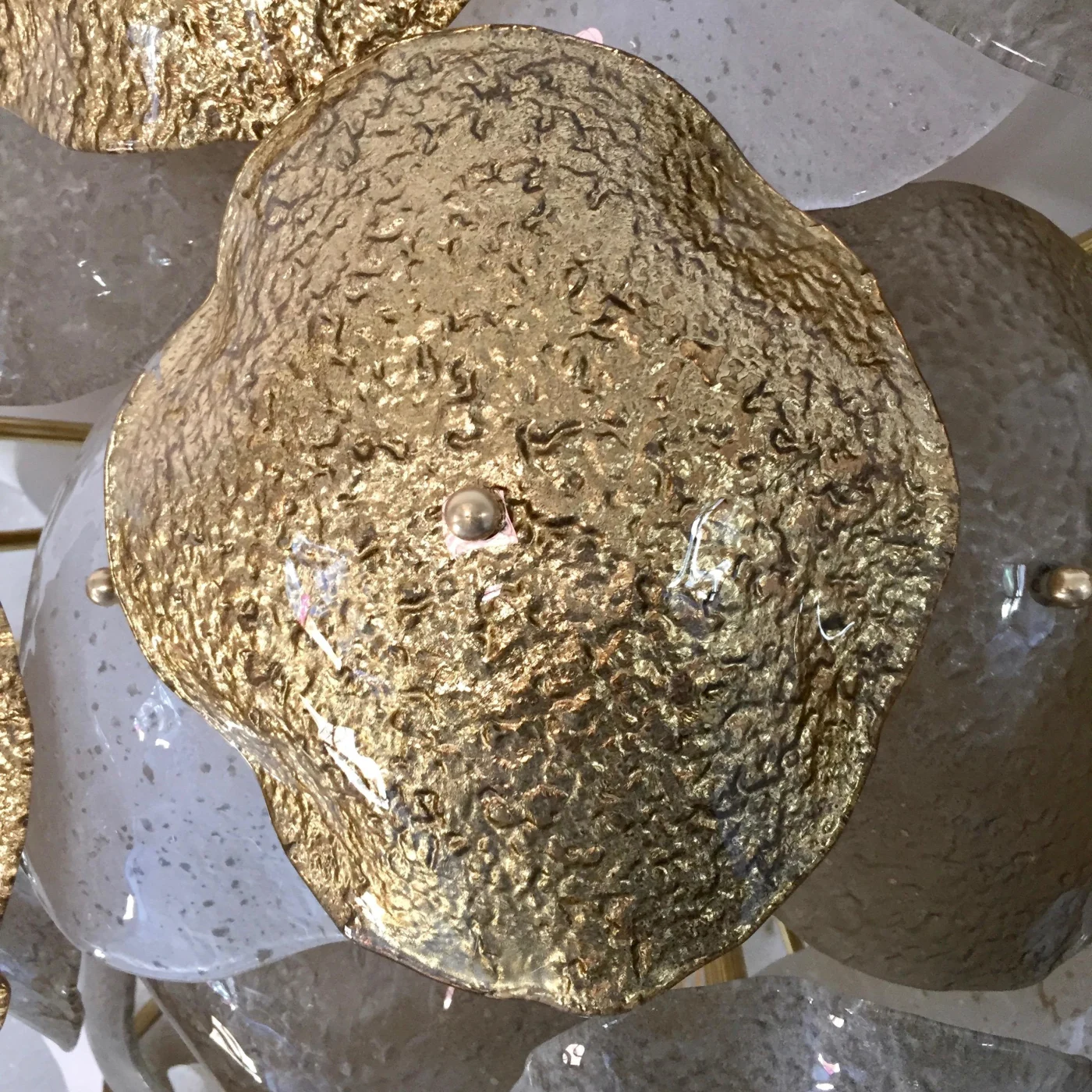 Contemporary Gold Silver White Scavo Murano Glass Round Leaf Flushmount