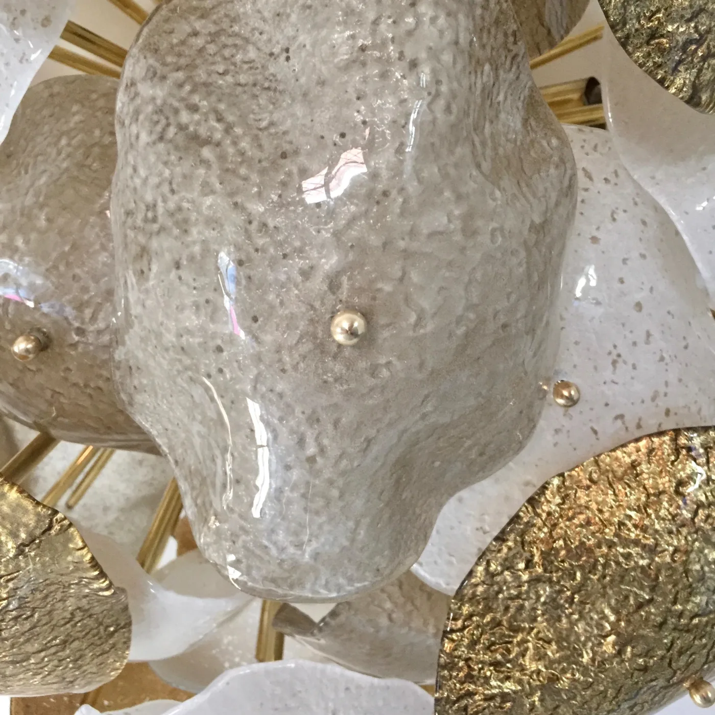 Contemporary Gold Silver White Scavo Murano Glass Round Leaf Flushmount