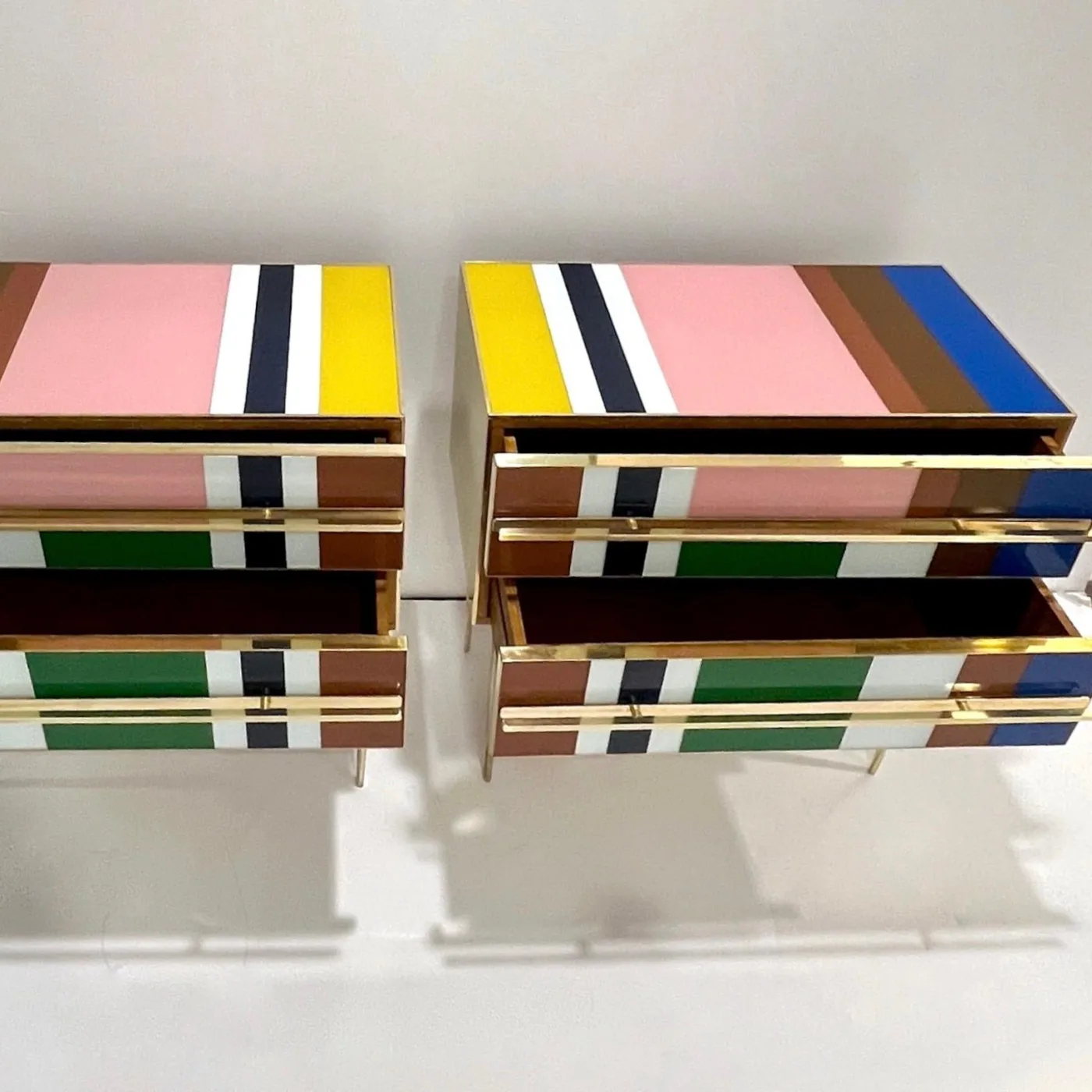 Pair of Mondrian Style Blue Green Yellow Chests End Tables