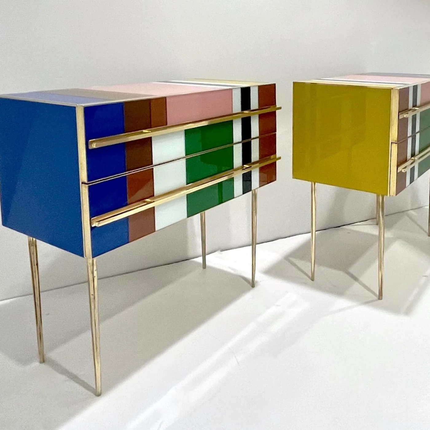 Pair of Mondrian Style Blue Green Yellow Chests End Tables