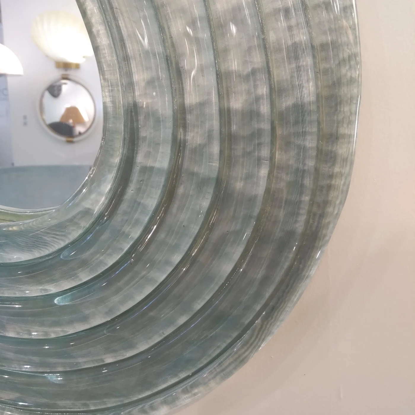 Pearl Grey Blue Murano Glass Curved Mirror & Brass Accents