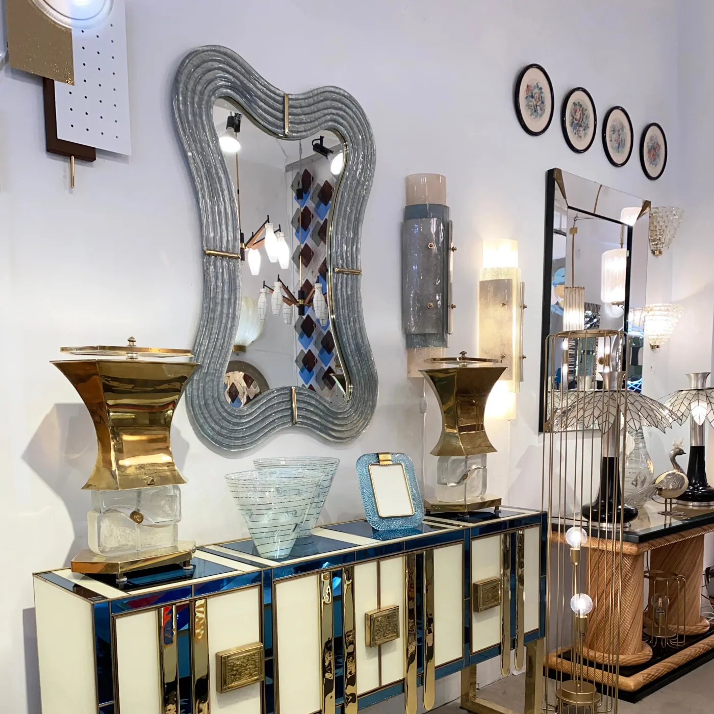 Pearl Grey Blue Murano Glass Curved Mirror & Brass Accents