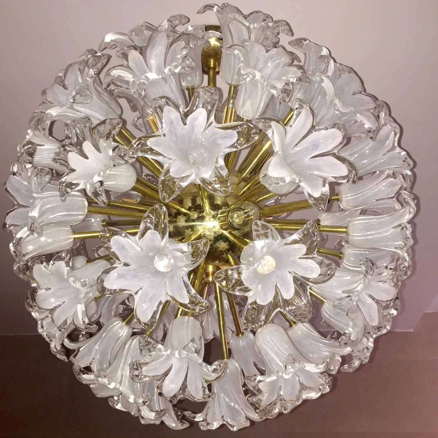 Contemporary White Murano Glass & Brass Sputnik Bud Flower Chandelier