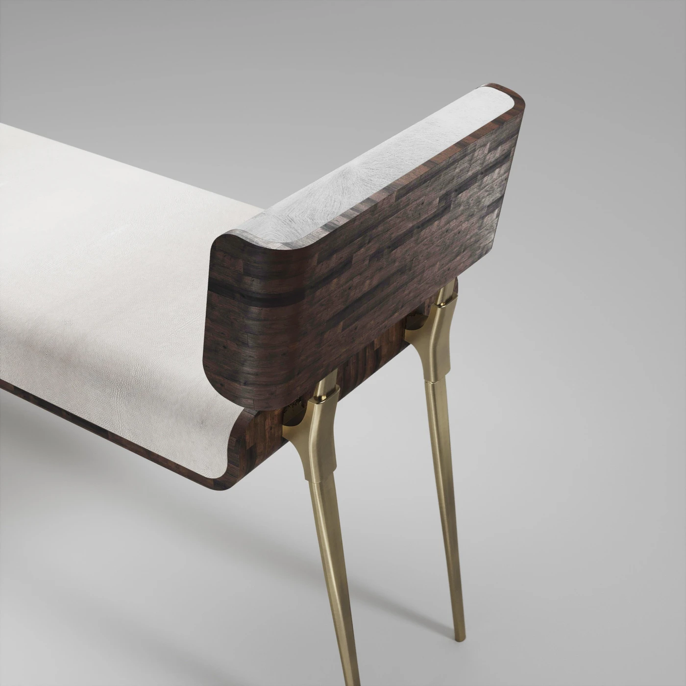 Cream Shagreen Bench with Palmwood & Bronze \Patina Brass Details
